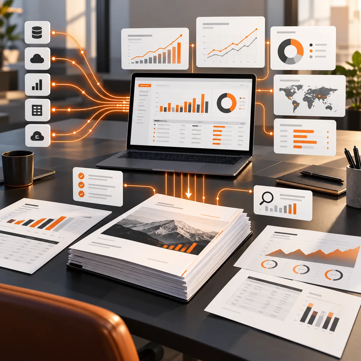 B2B software reporting workspace with KPI charts, data-source icons, validation checks, dashboard screens and a polished report packet in orange and charcoal