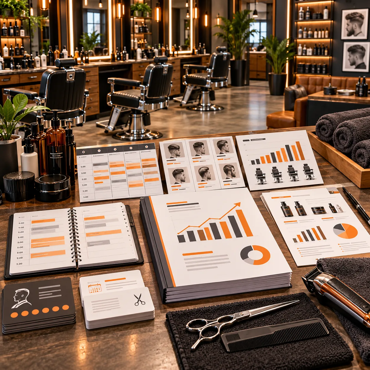 Modern barbershop with chairs, mirrors, grooming products, appointment schedule, service cards and utilization reports