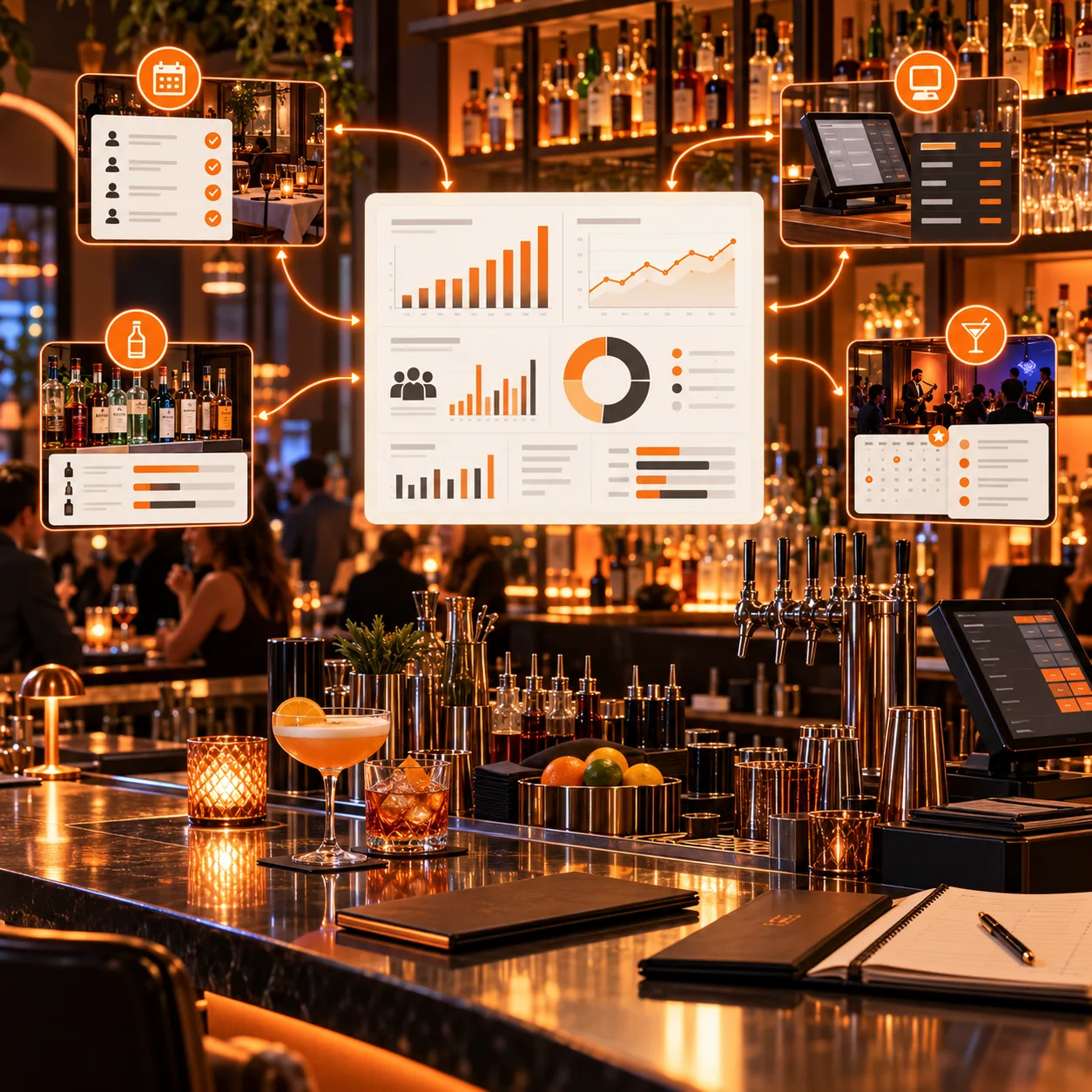 Evening cocktail bar with bottles, draft taps, reservations, point-of-sale terminal, event calendar and performance reports