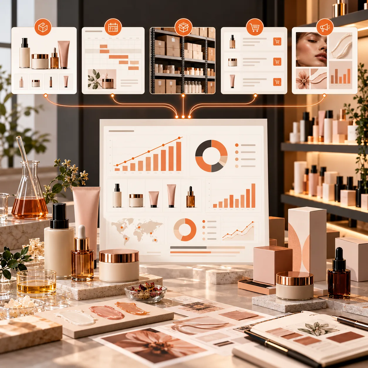 Beauty product brand studio with cosmetic bottles, formulation samples, packaging, inventory shelves, ecommerce cards and performance reports