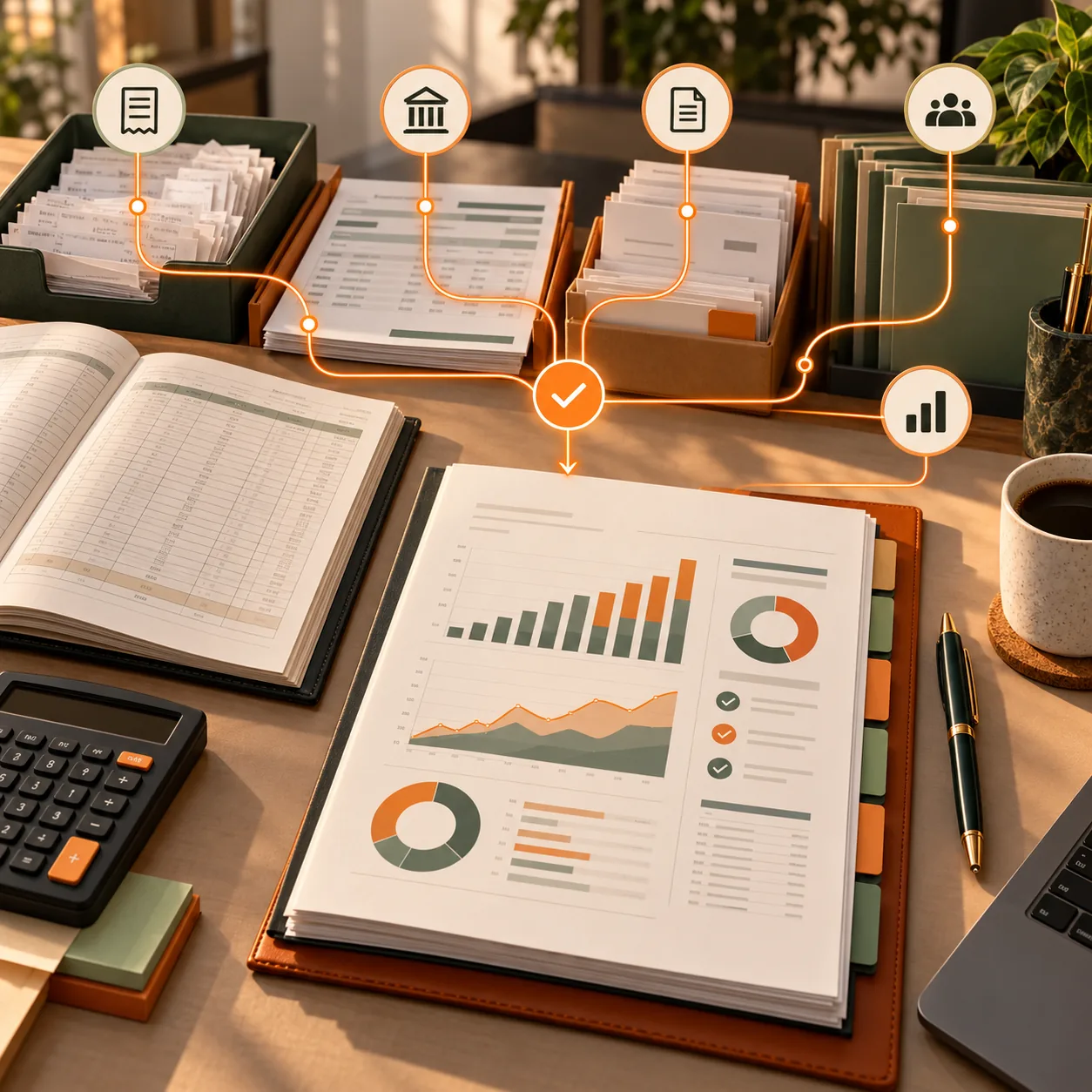 Bookkeeping close desk with ledgers, receipts, bank reconciliation papers, client folders, calculator and financial reports