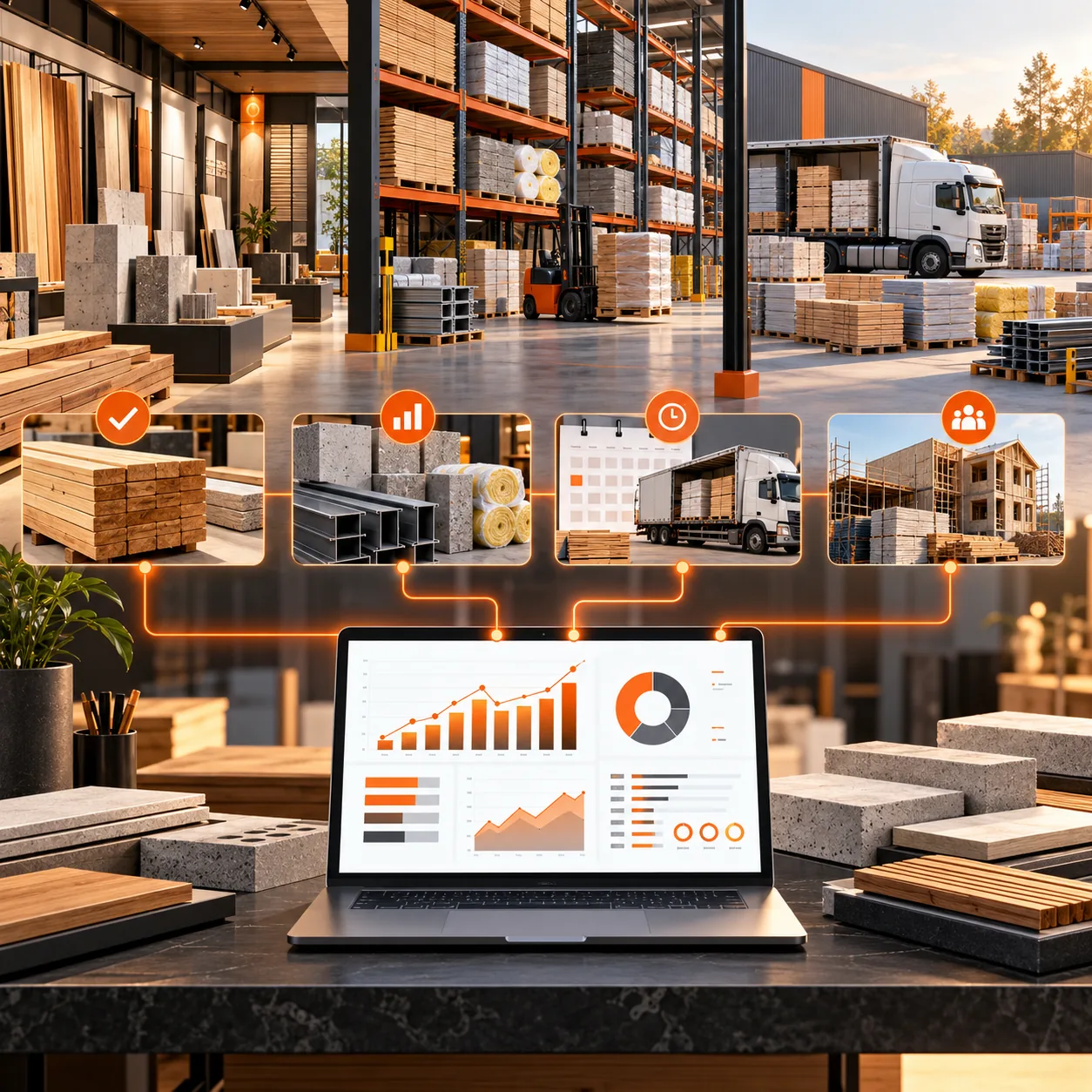 Building-material supplier showroom and warehouse with lumber, concrete, steel, pallets, forklift, delivery schedule and operations reports