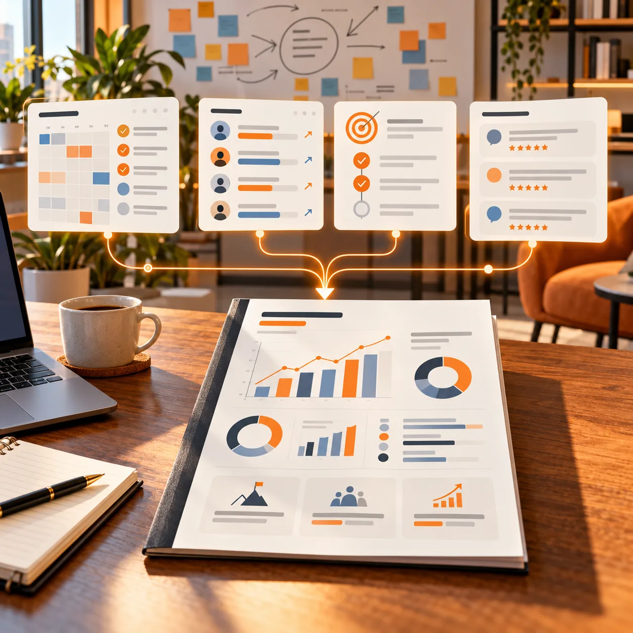 Business coaching studio with strategy board, client progress scorecards, session calendar, goal milestones and portfolio reports