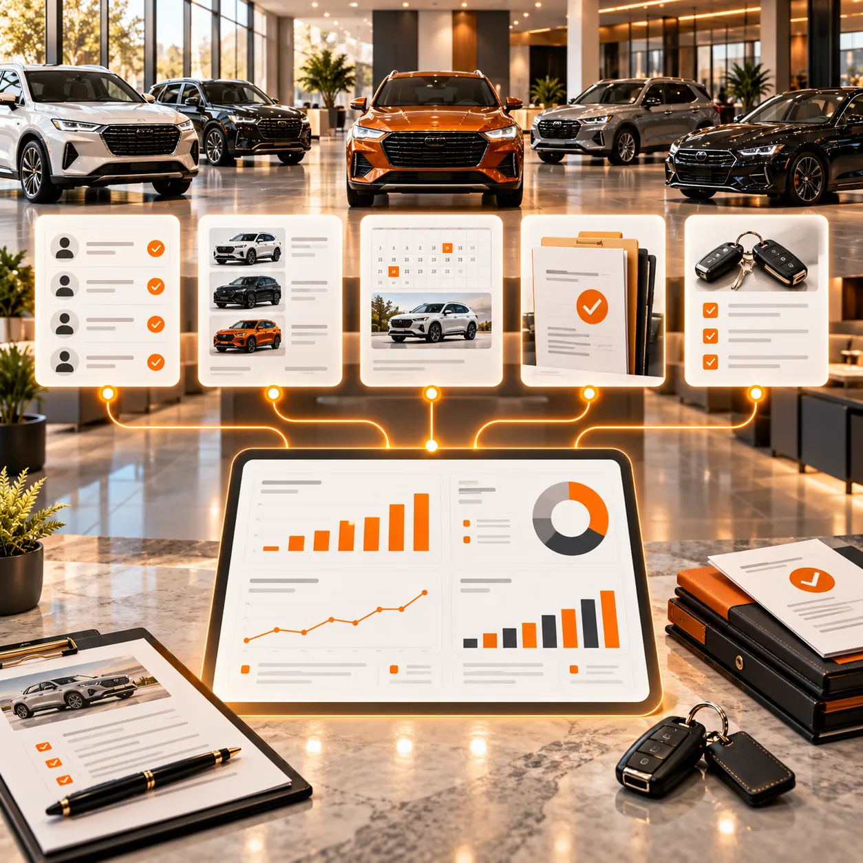 Car dealership showroom with vehicle inventory cards, test-drive schedule, trade-in keys, finance folders and sales performance report