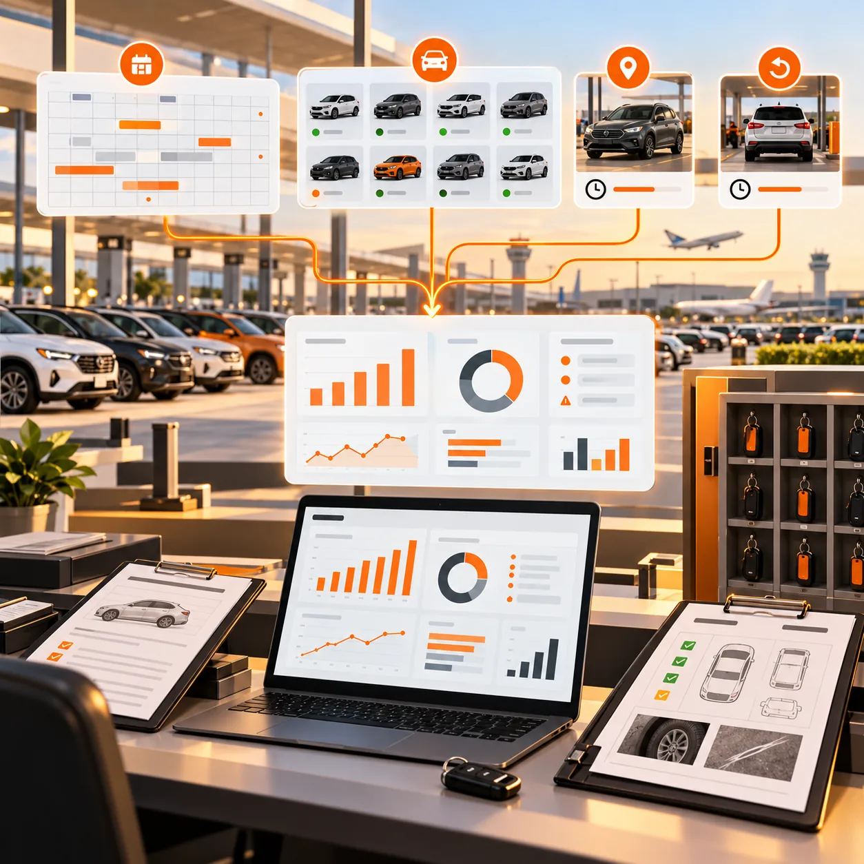 Airport car rental operations desk with reservation calendar, fleet availability board, return inspection checklists and reporting dashboard