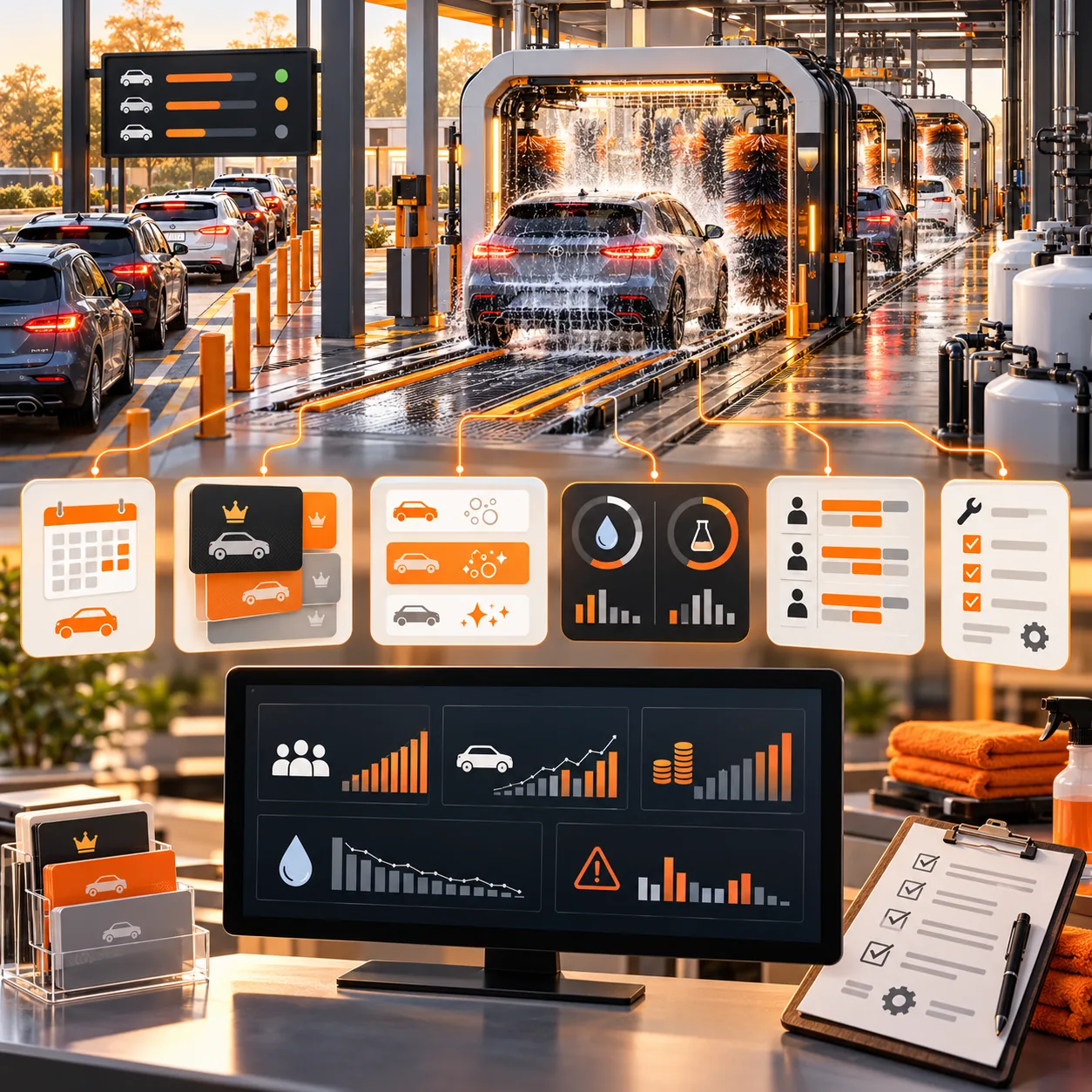 Modern conveyor car wash with queued vehicles, membership cards, water and chemical metrics, maintenance checklist and operations dashboard