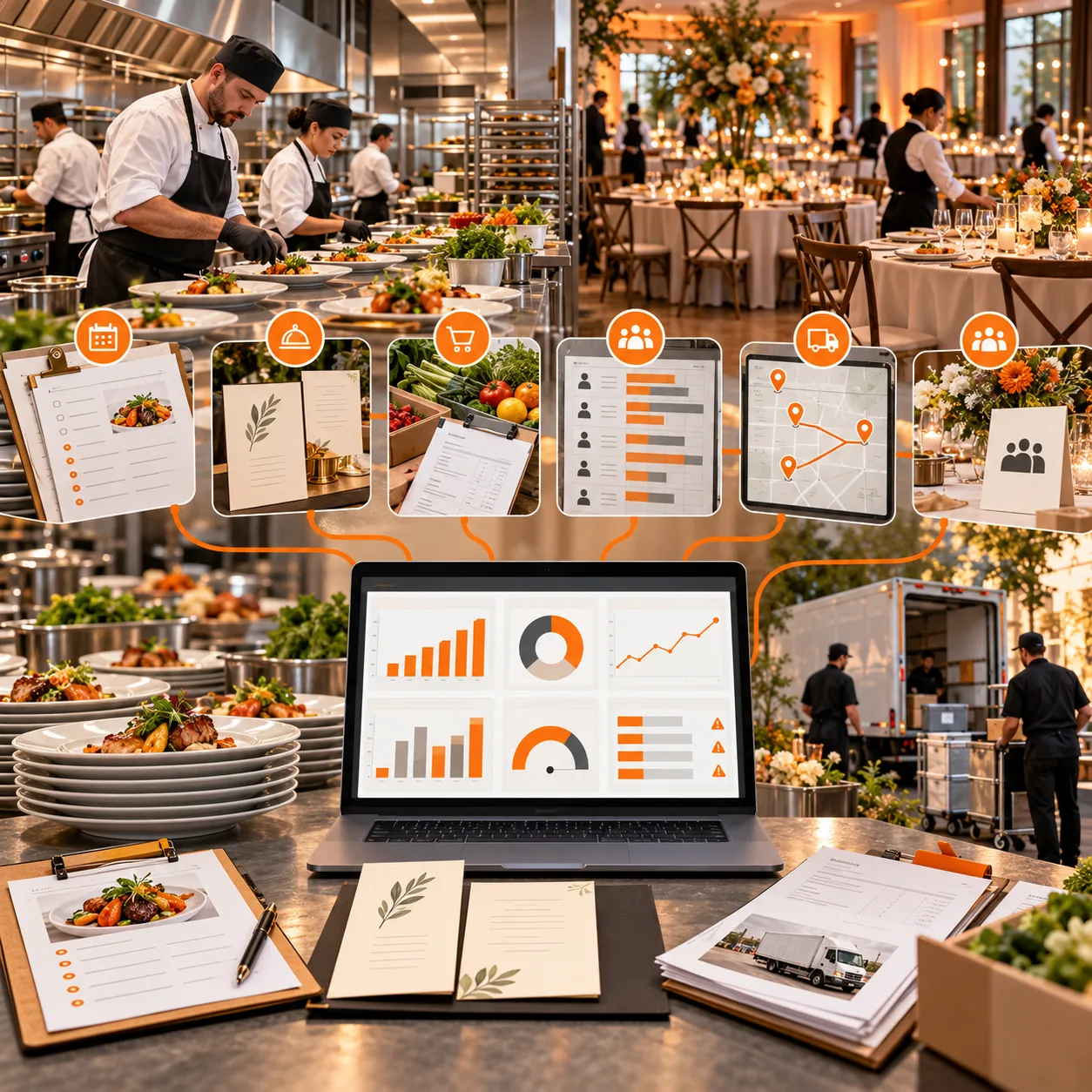 Catering kitchen and event dining room with event orders, menu cards, staffing schedule, delivery routes and operations report dashboard