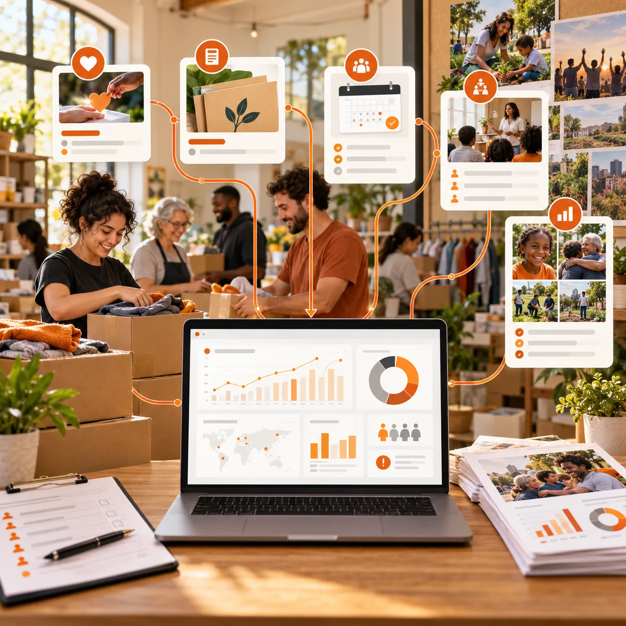 Community charity center with volunteers, donations, grant folders, program calendar, impact photos and reporting dashboard