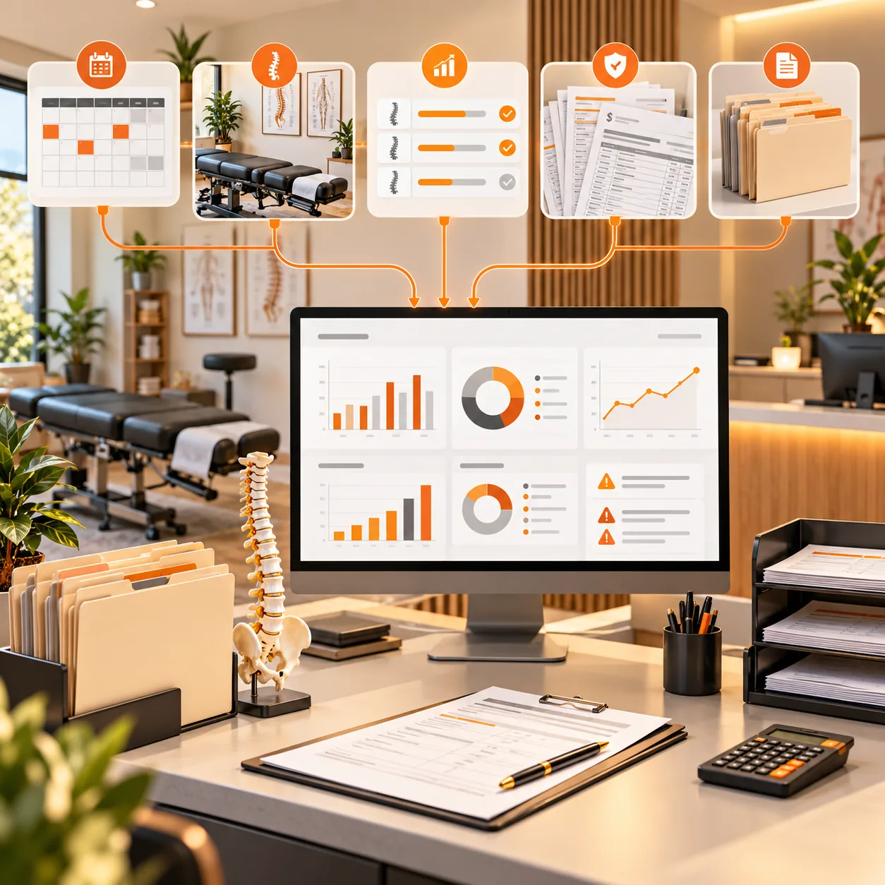 Chiropractic clinic with adjustment table, spine model, appointment calendar, care-plan progress cards, billing folders and operations report dashboard