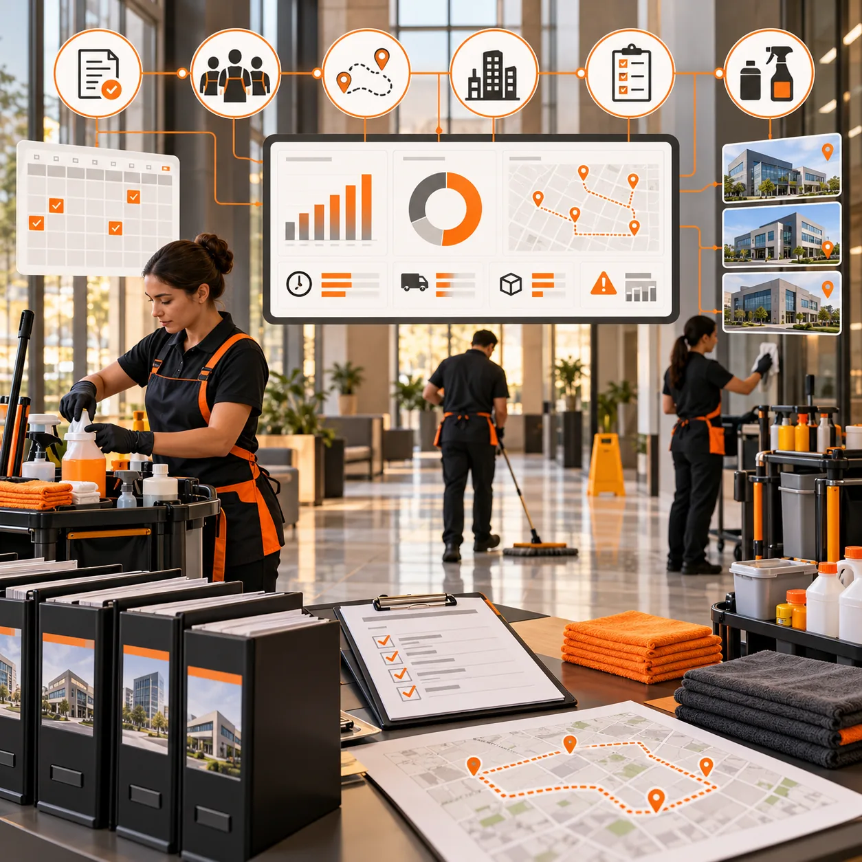 Commercial cleaning team with janitorial carts, route planning board, quality inspection checklist, supply inventory and service report dashboard