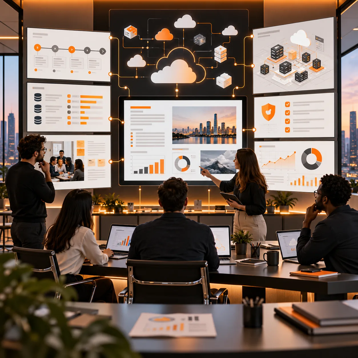 Cloud consulting war room with architecture diagrams, migration timeline, security checklist, cost charts and client delivery report