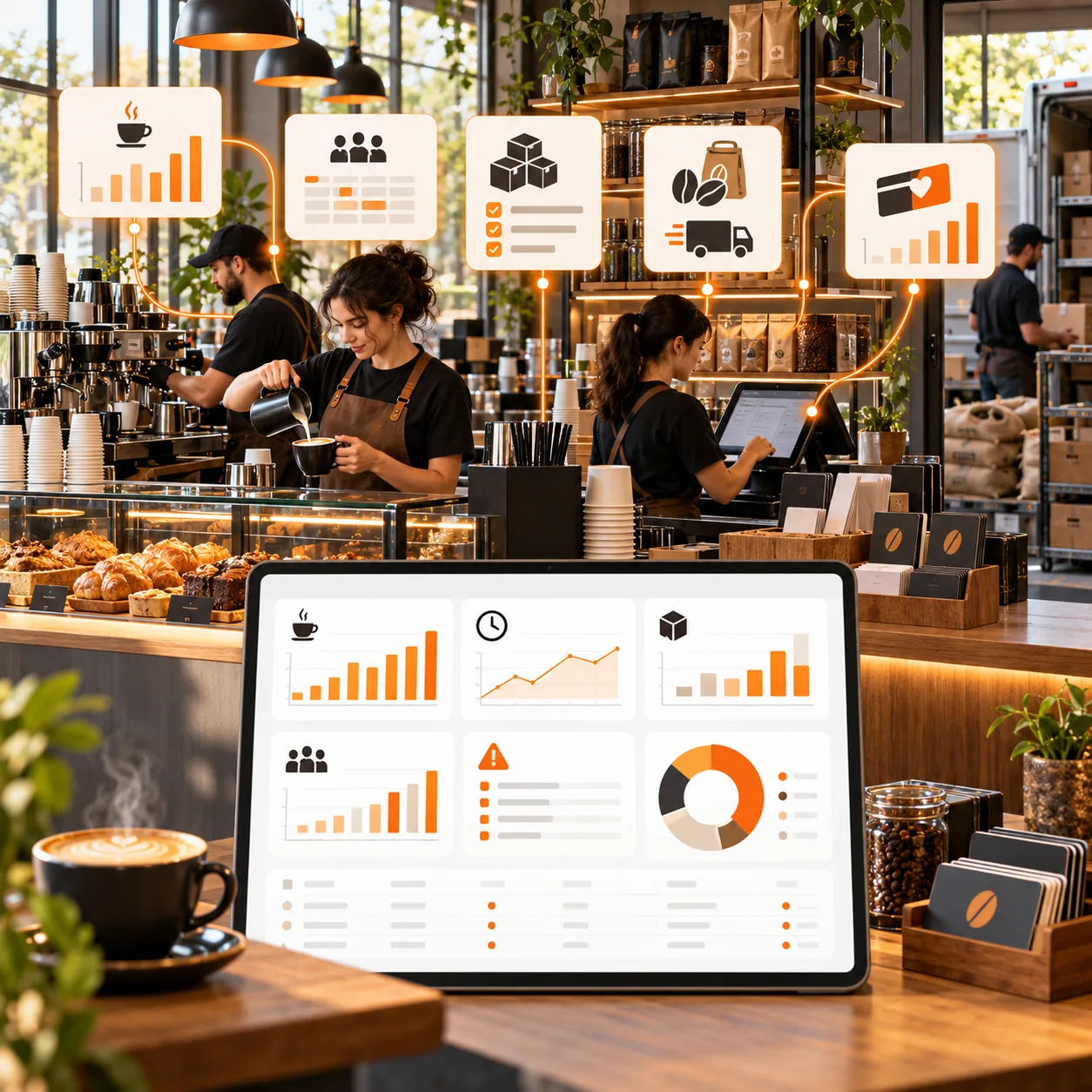 Modern coffee shop with baristas, espresso bar, point-of-sale terminal, coffee-bean inventory, loyalty cards and sales report dashboard