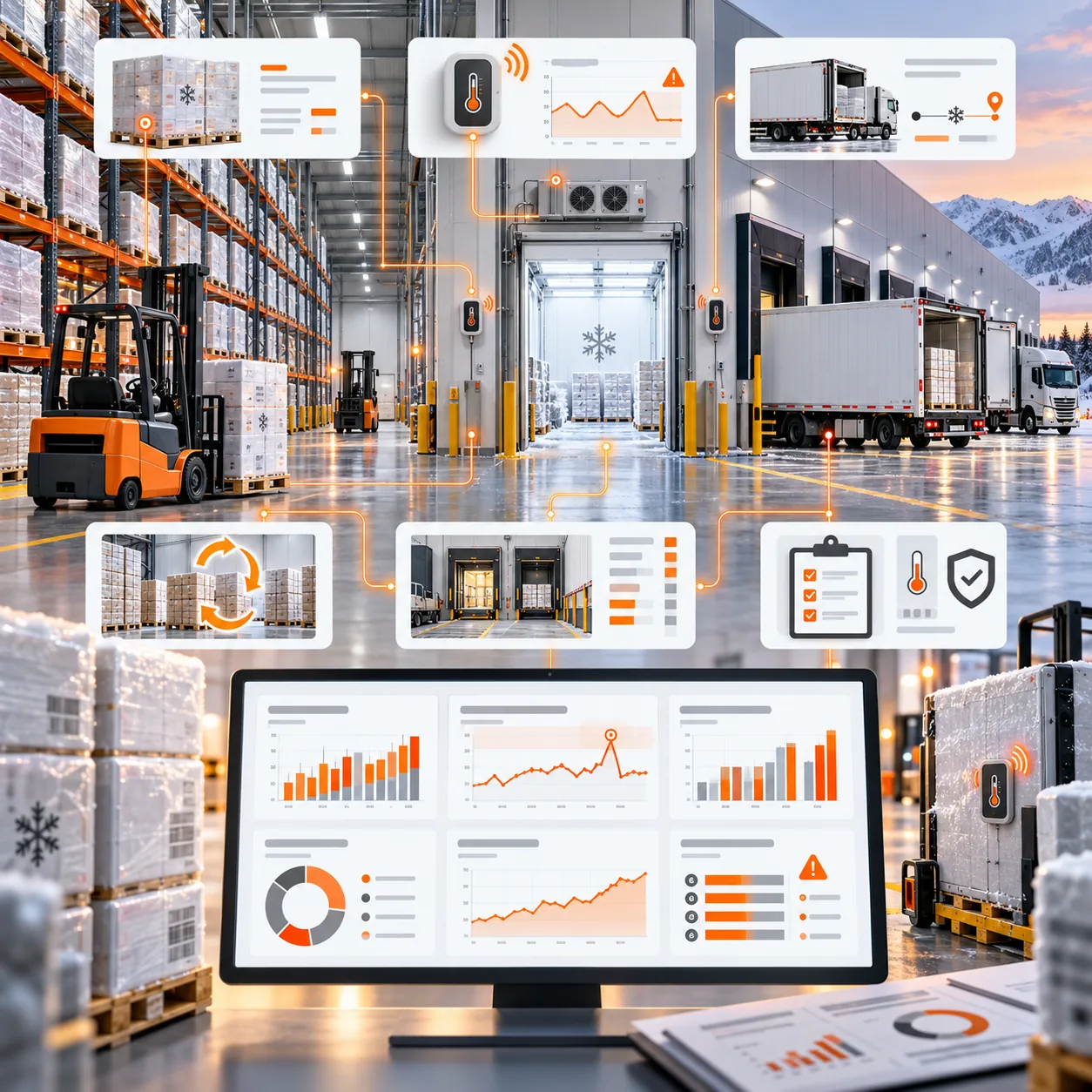 Refrigerated warehouse with pallet racks, forklifts, temperature sensors, loading docks, cold-chain shipments and operations report dashboard