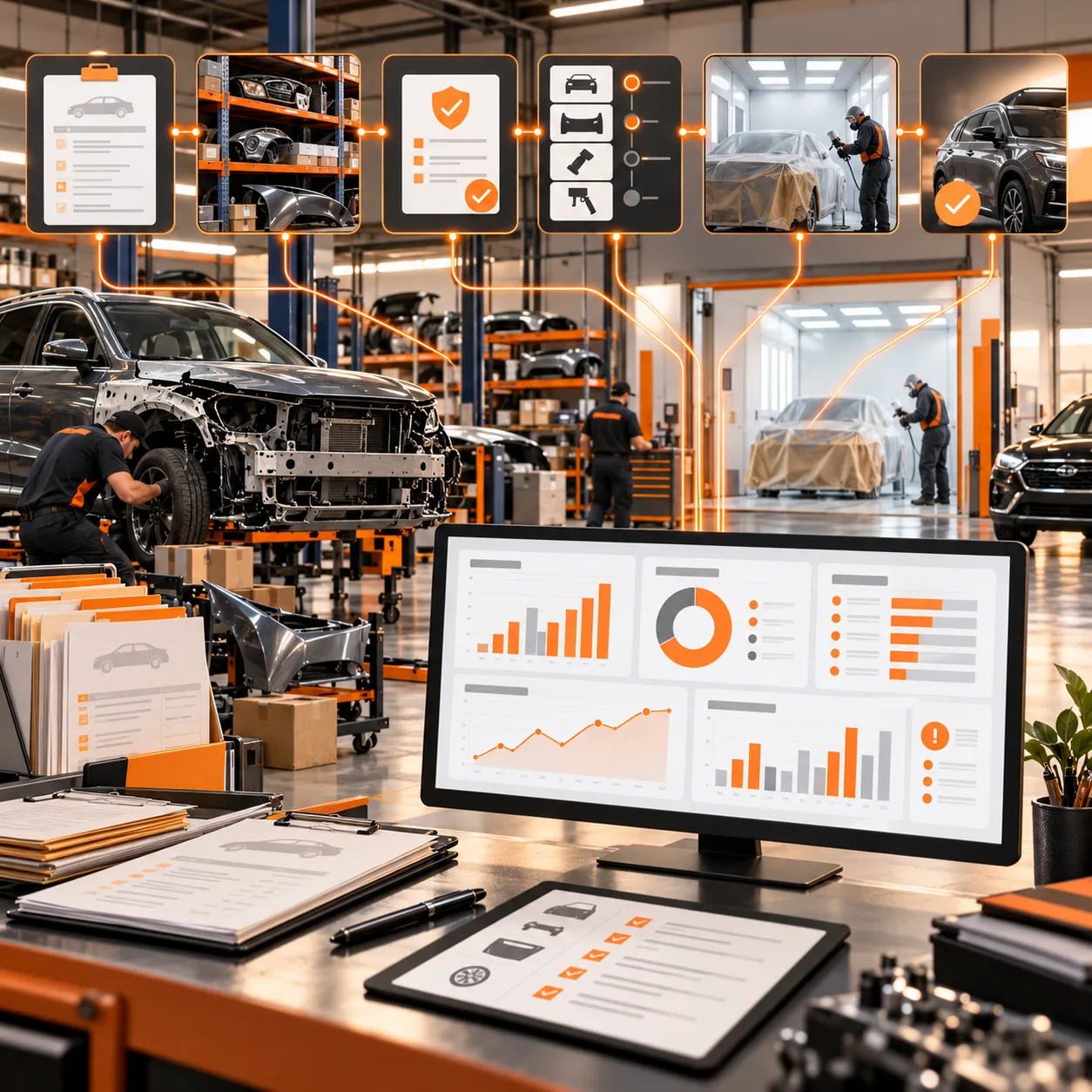Collision repair shop with damaged vehicle, parts inventory, insurer approval folders, repair-stage board, paint booth and operations report dashboard