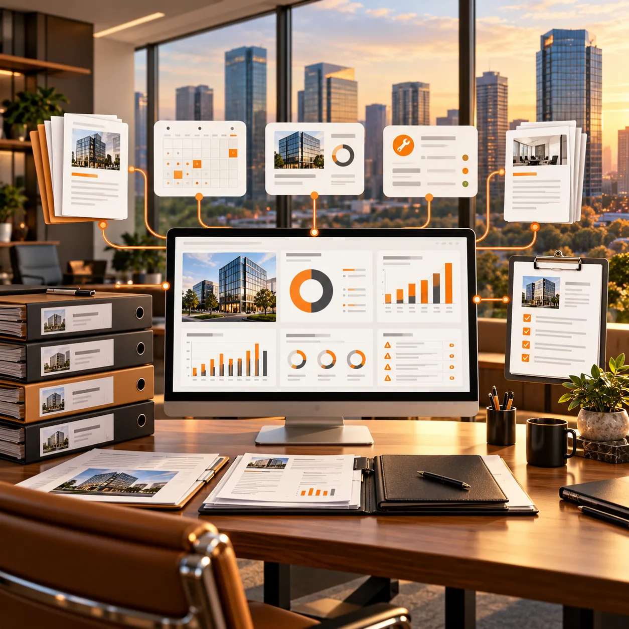Commercial property management office with city buildings, rent-roll folders, lease calendar, occupancy cards, maintenance tickets and asset report dashboard