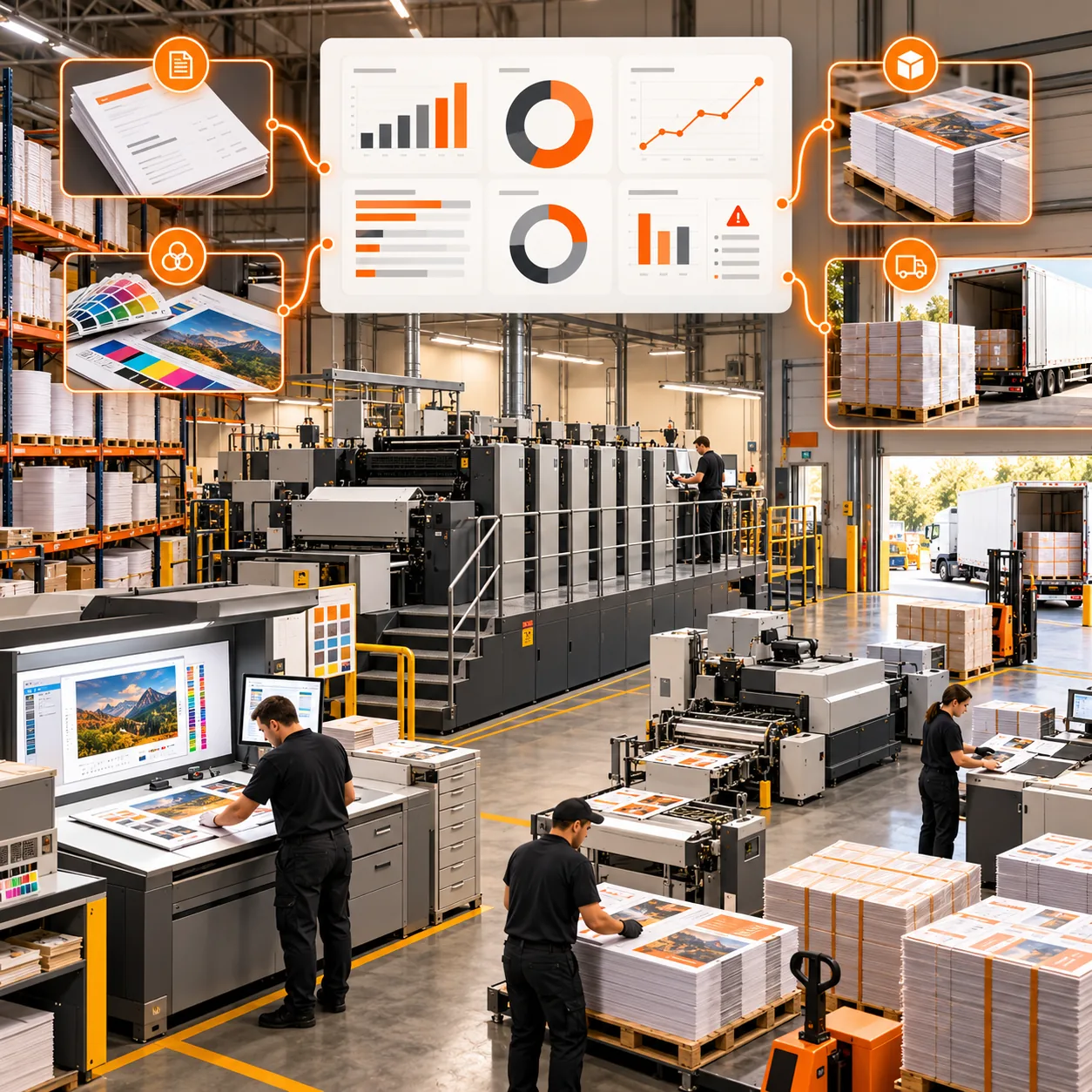 Commercial print shop with printing presses, paper stock, job tickets, color calibration, finishing equipment and production report dashboard