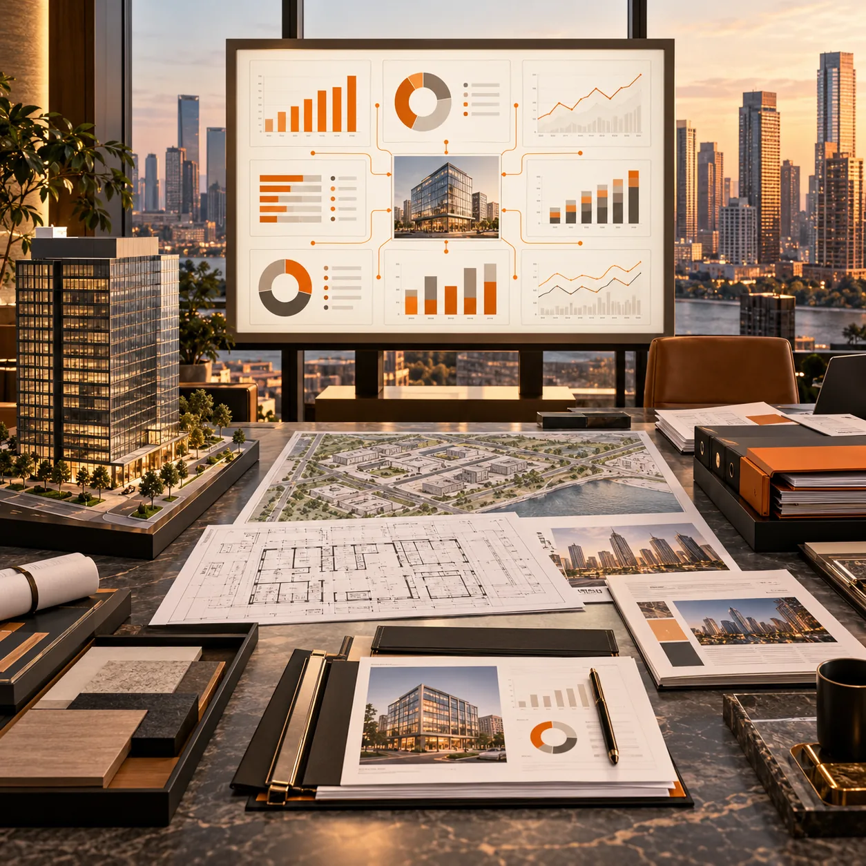 Commercial real estate reporting studio with property model, floor plans, lease folders, city skyline and portfolio analytics dashboard
