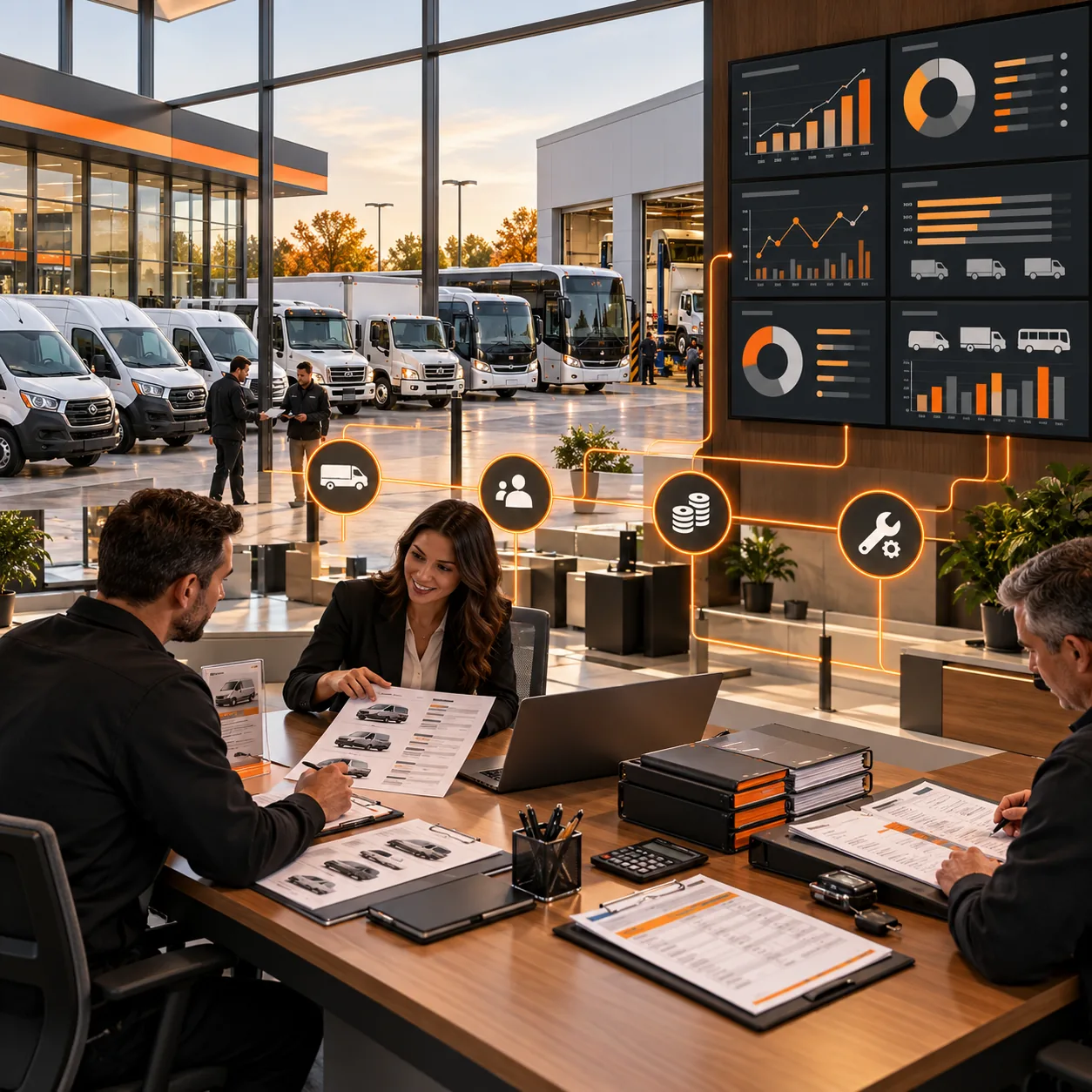 Commercial vehicle dealership with vans, trucks, buses, sales folders, service schedules and inventory analytics dashboard