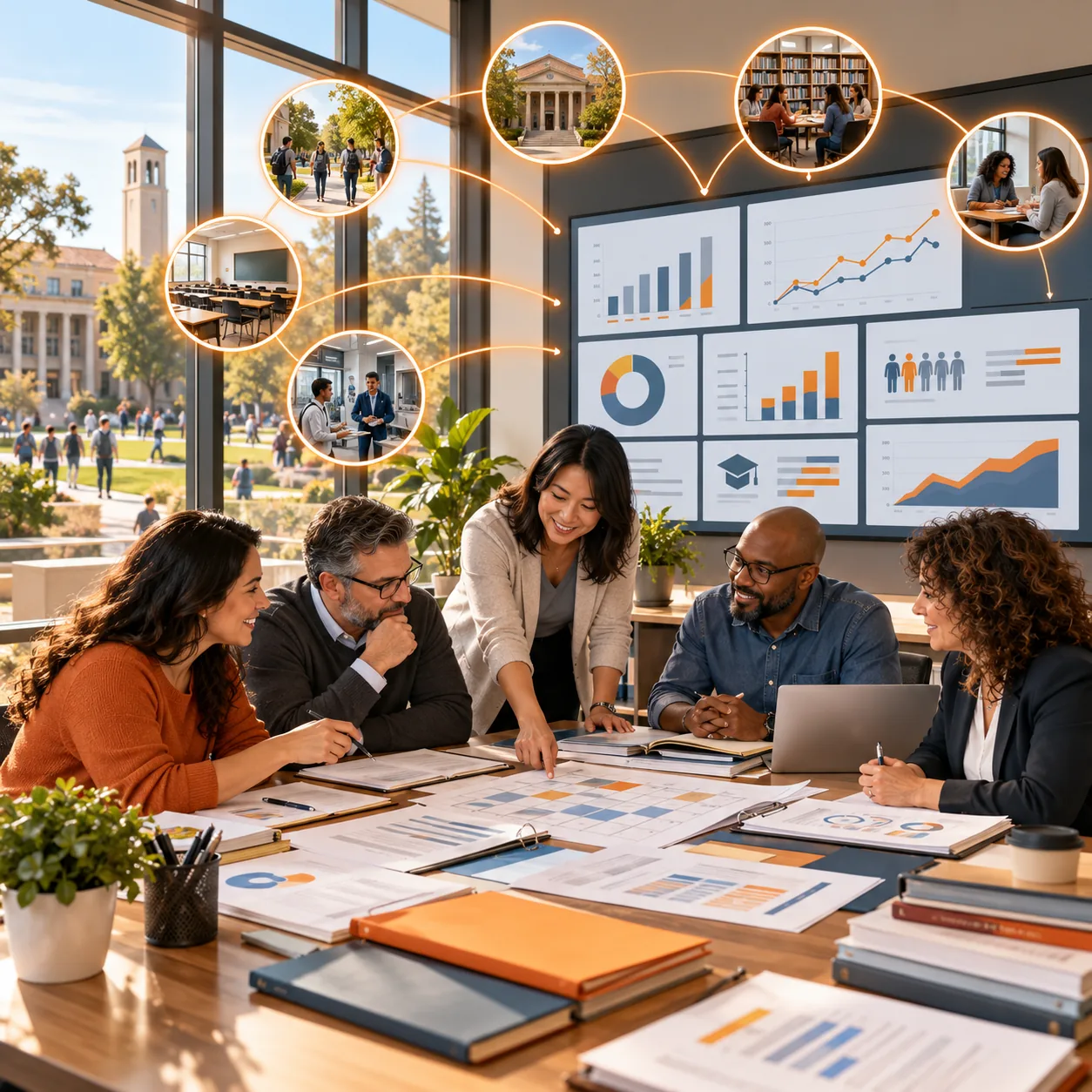 Community college planning room with campus, library, academic program folders and enrollment analytics dashboard