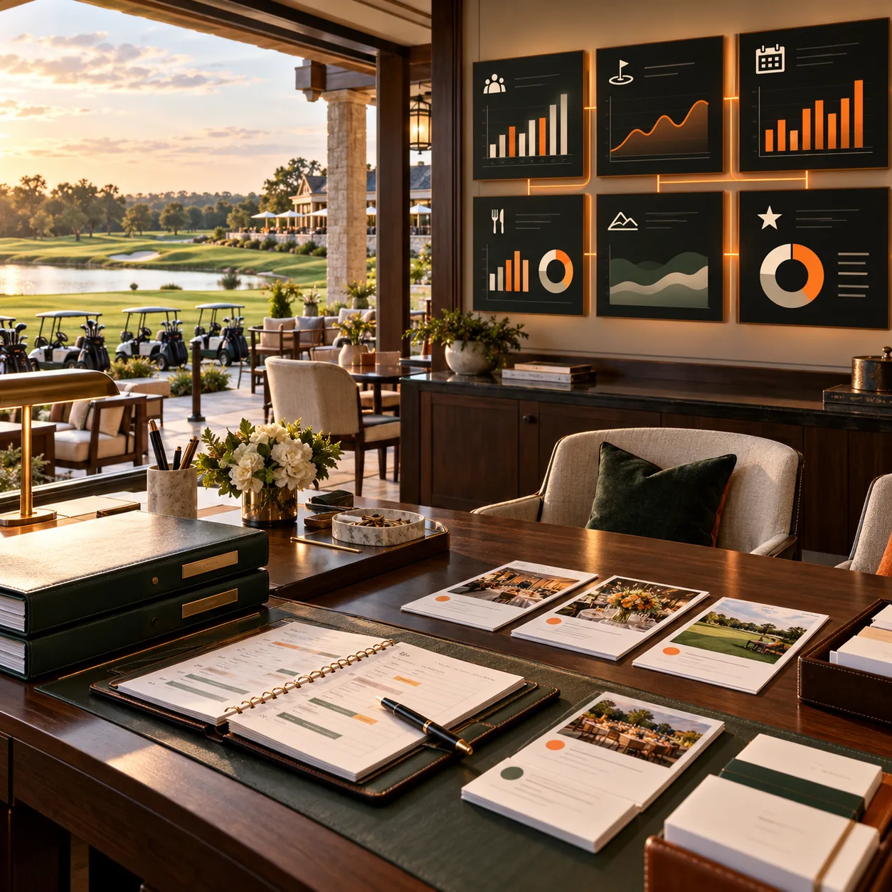 Country club operations room overlooking golf course with tee-time board, membership folders, events, dining and analytics dashboard