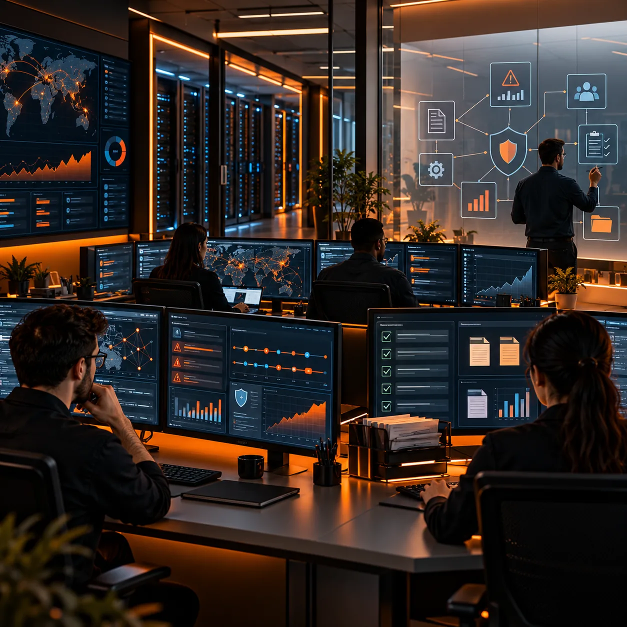 Cybersecurity operations center with server racks, incident dashboards, vulnerability trends, compliance evidence and security reporting board
