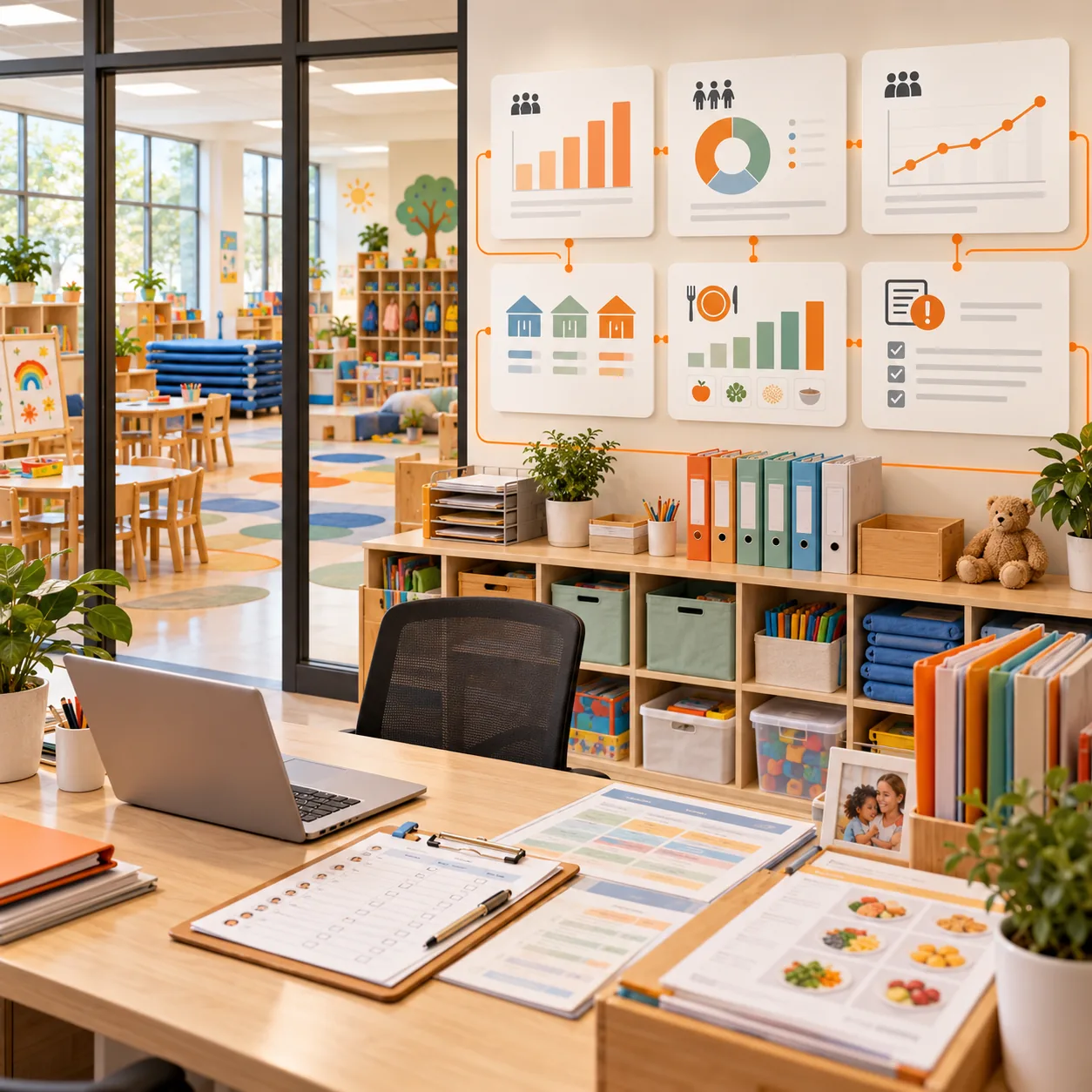Daycare center administration room with classroom, attendance clipboard, staff folders, meal planning sheets and operations dashboard