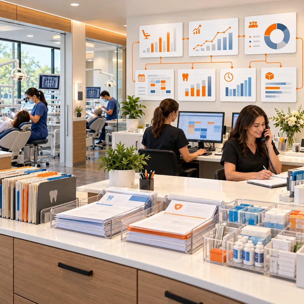 Dental practice operations room with treatment rooms, appointment schedules, insurance folders, supply inventory and analytics dashboard