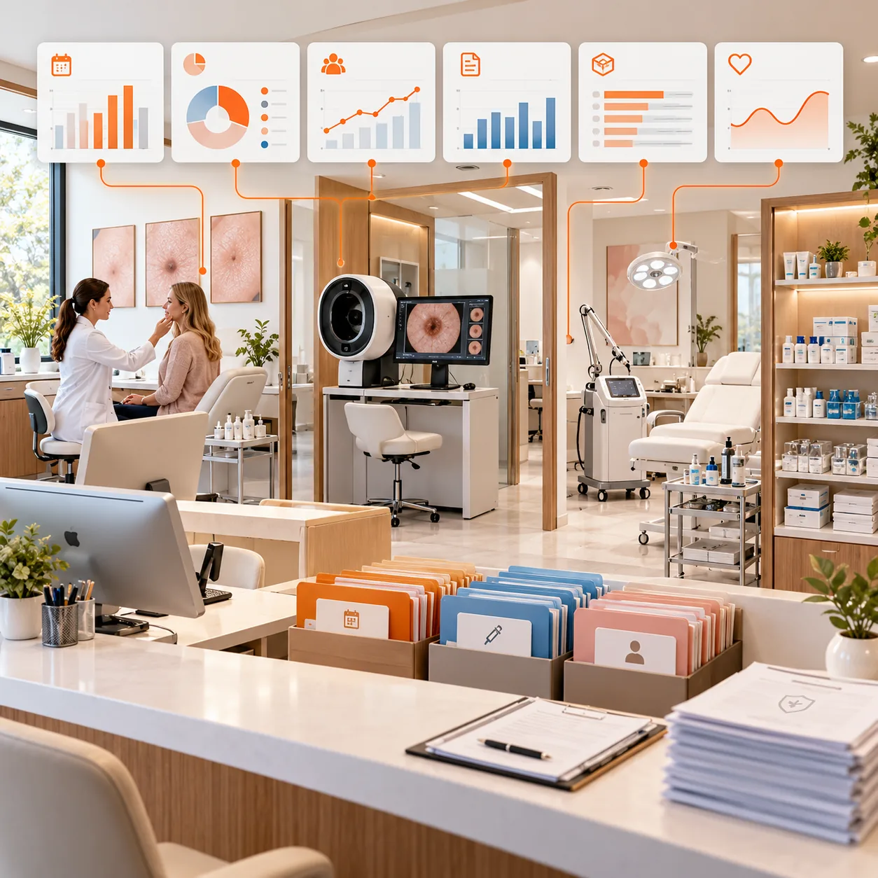 Dermatology clinic with consultation rooms, skin imaging station, treatment equipment, follow-up folders and analytics dashboard