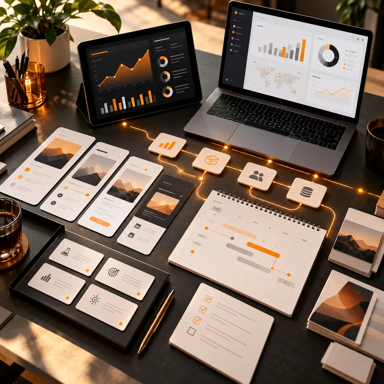 Digital product operations studio with analytics screens, app prototype cards, release calendar and connected reporting workflow