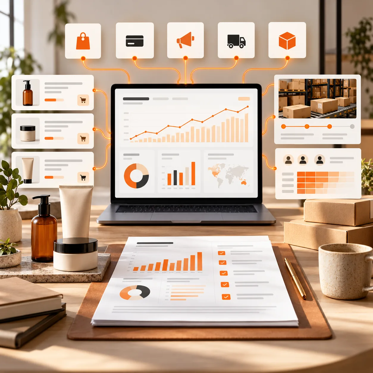 DTC brand reporting workspace with product packages, ecommerce charts, inventory metrics and an orange data-review workflow
