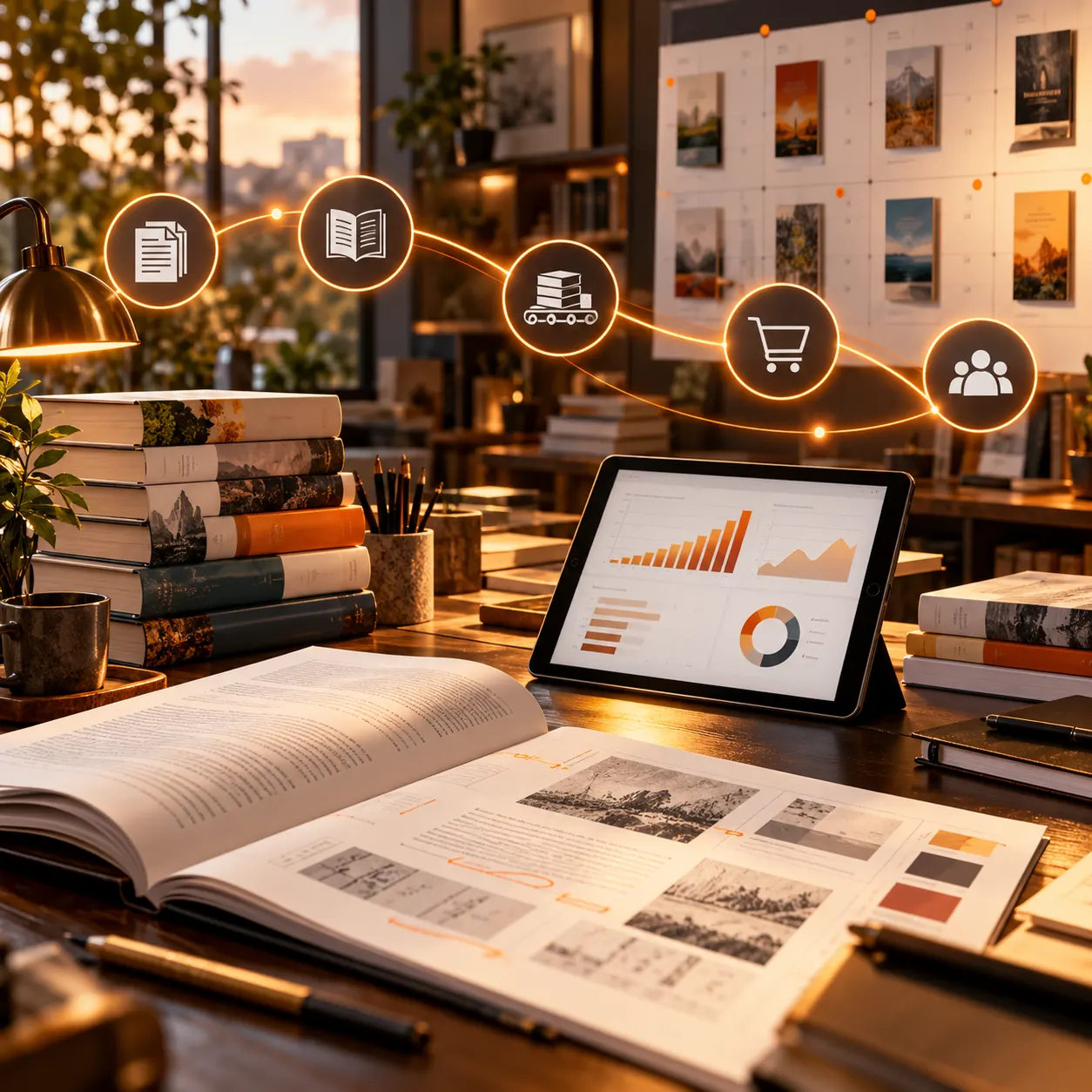 Educational publishing studio with manuscripts, books, release calendar, reader analytics and connected editorial workflow