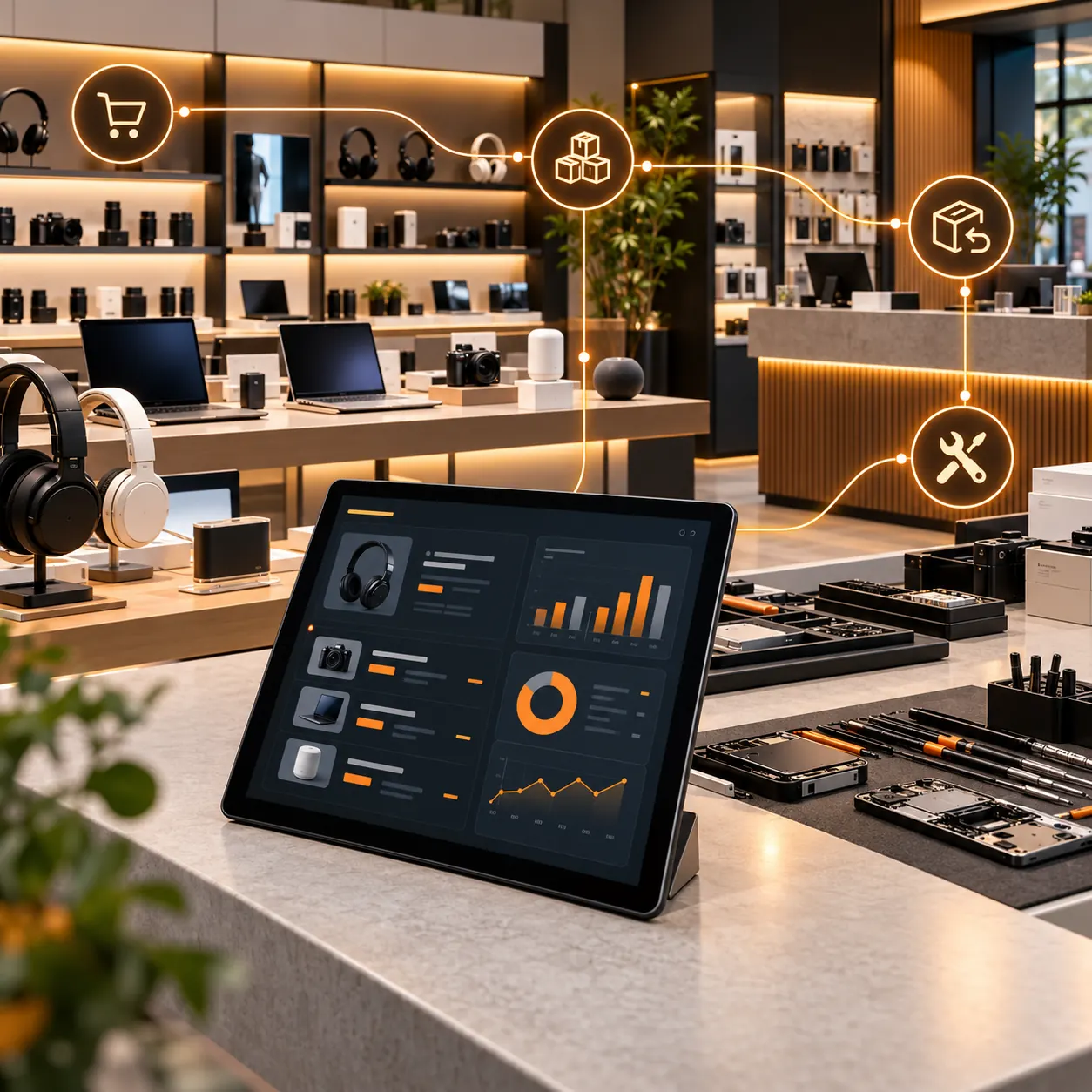 Electronics showroom with product displays, service counter, repair trays, analytics tablet and connected retail workflow