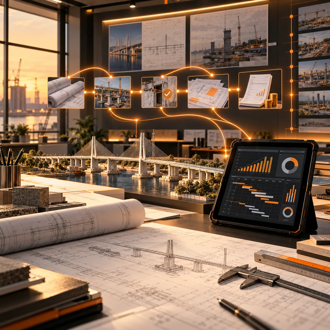 Engineering project studio with technical drawings, bridge model, milestone workflow, tablet analytics and review documents