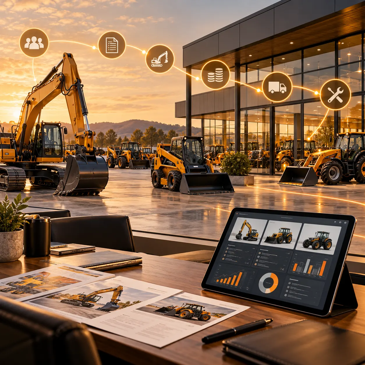 Equipment dealership showroom and yard with heavy machinery, sales tablet, inventory documents and service workflow