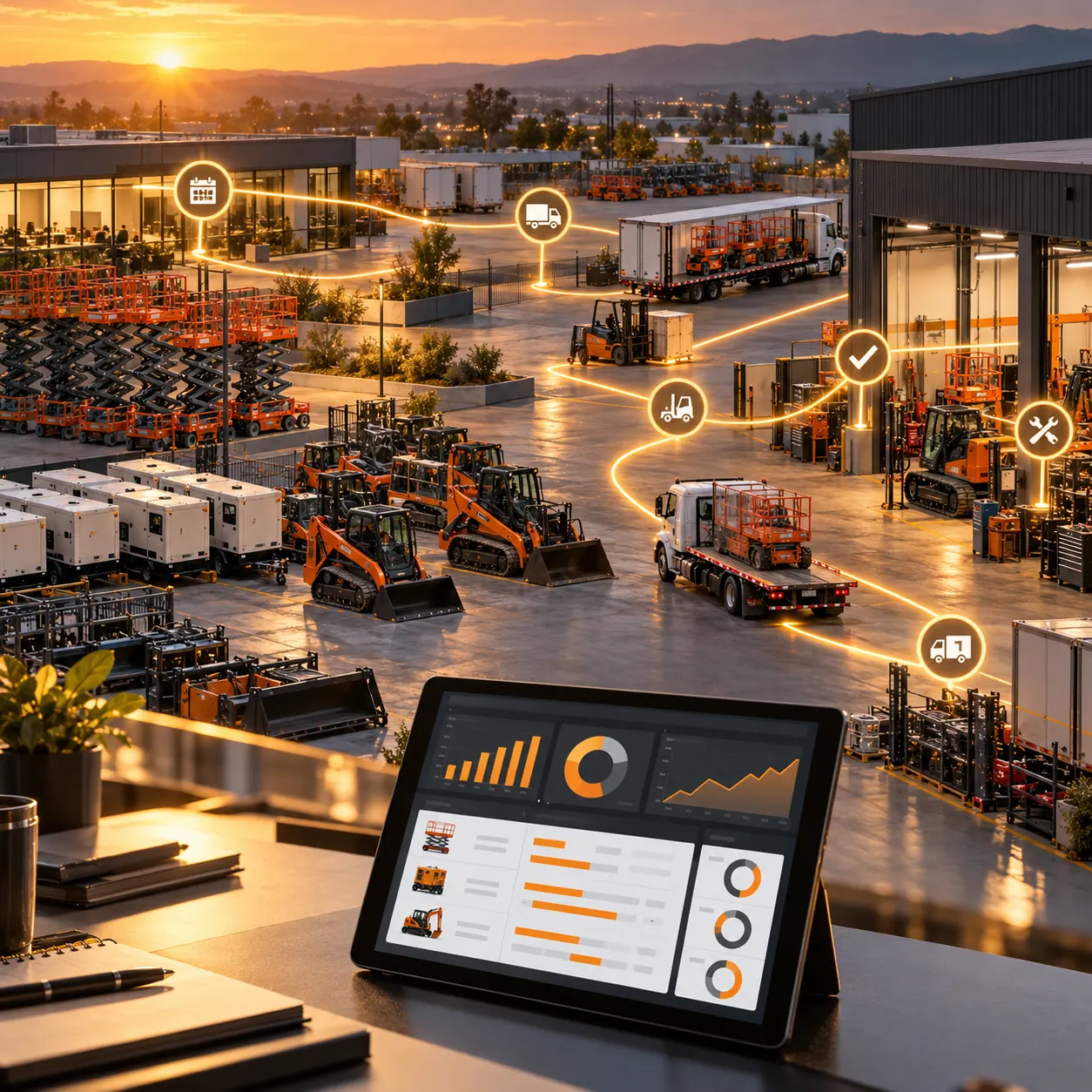 Equipment rental yard with lifts, generators, delivery trucks, service bay, tablet analytics and connected rental workflow