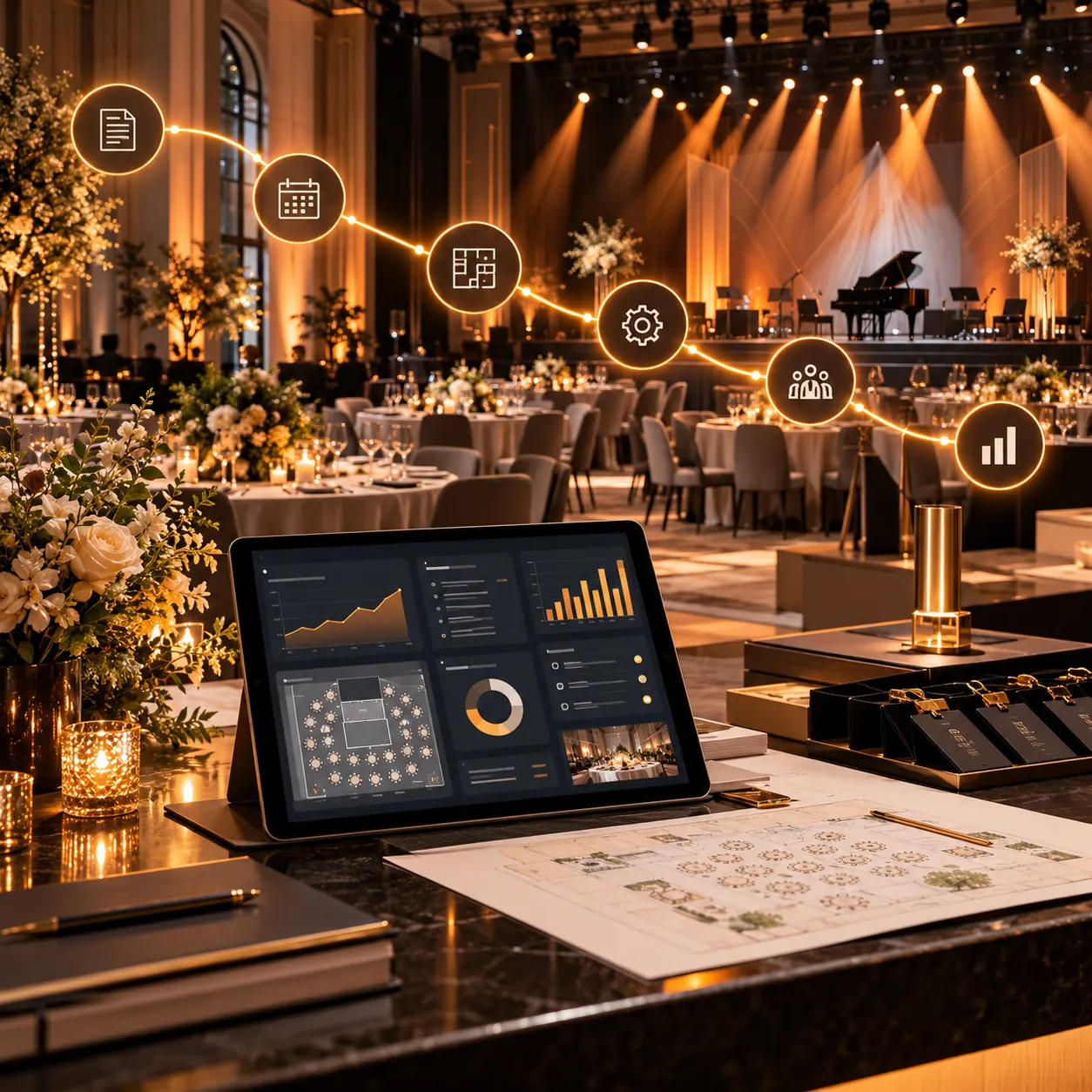 Event venue prepared for a reception with stage lighting, seating plan, bookings tablet and connected event workflow