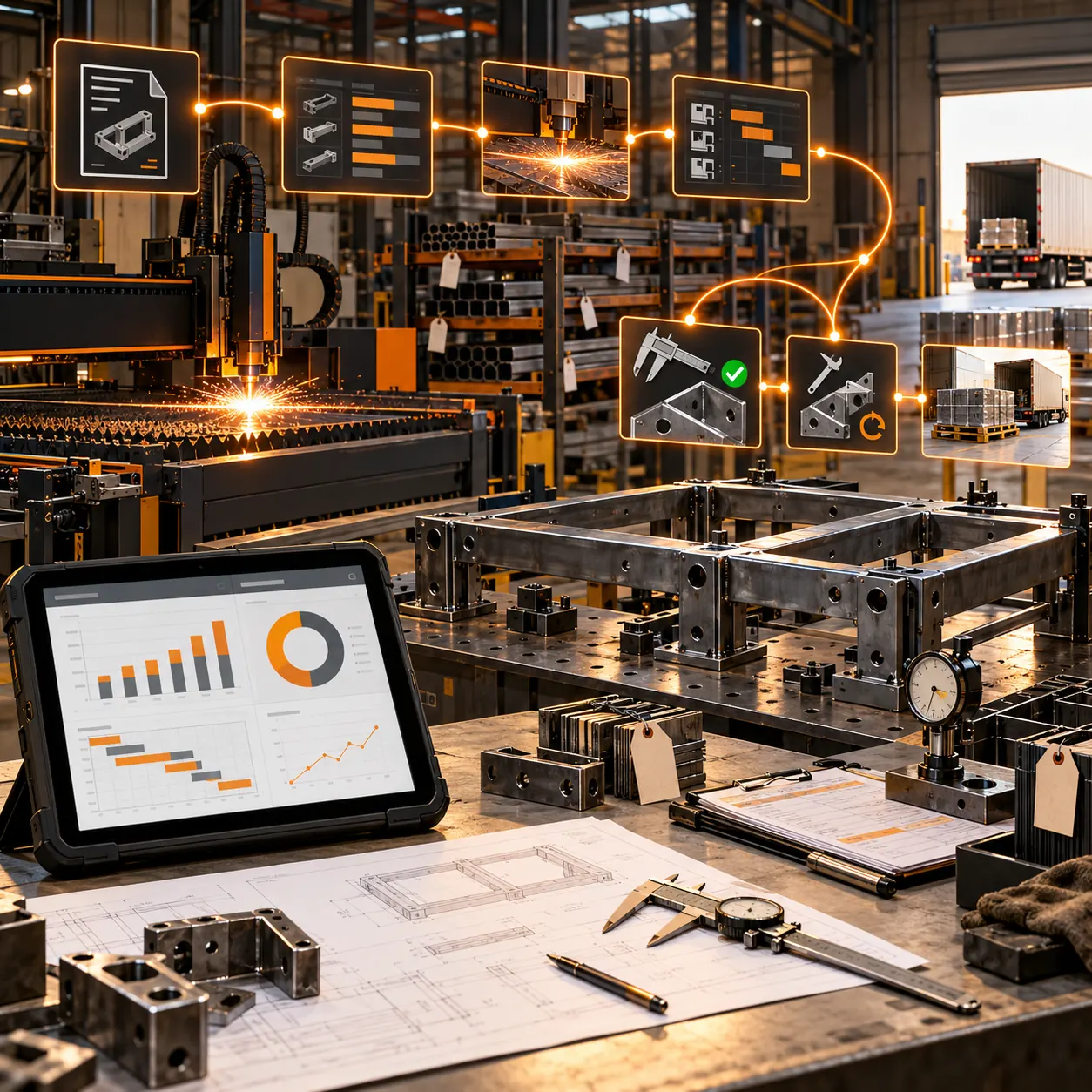 Fabrication shop with CNC cutting, steel stock, inspection gauges, job documents and connected production workflow