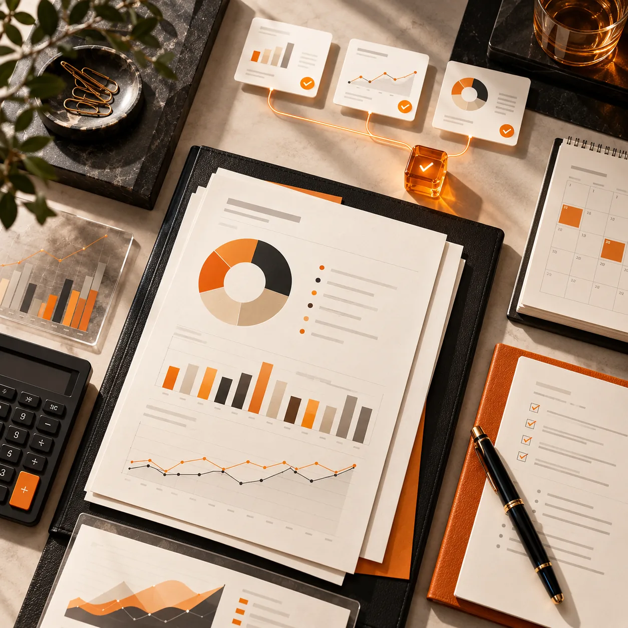 Top-down financial advisory desk with portfolio charts, review documents, calendar and amber workflow markers