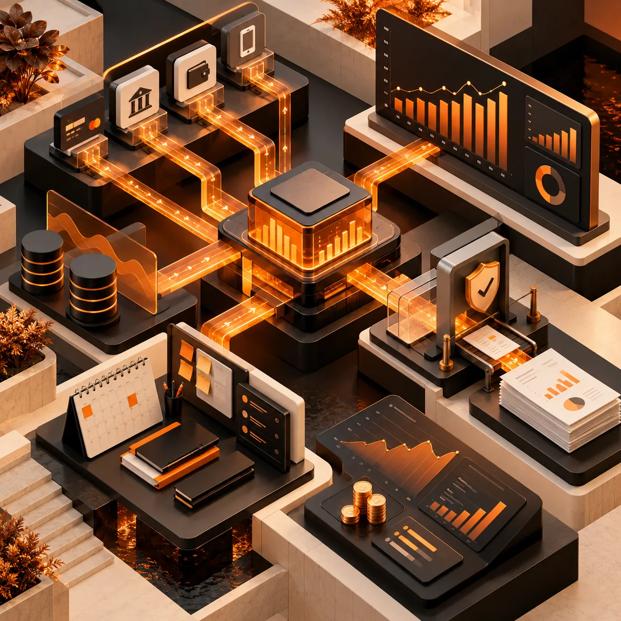 Isometric fintech operations system with payment tiles, amber data channels, runway charts and compliance checkpoints
