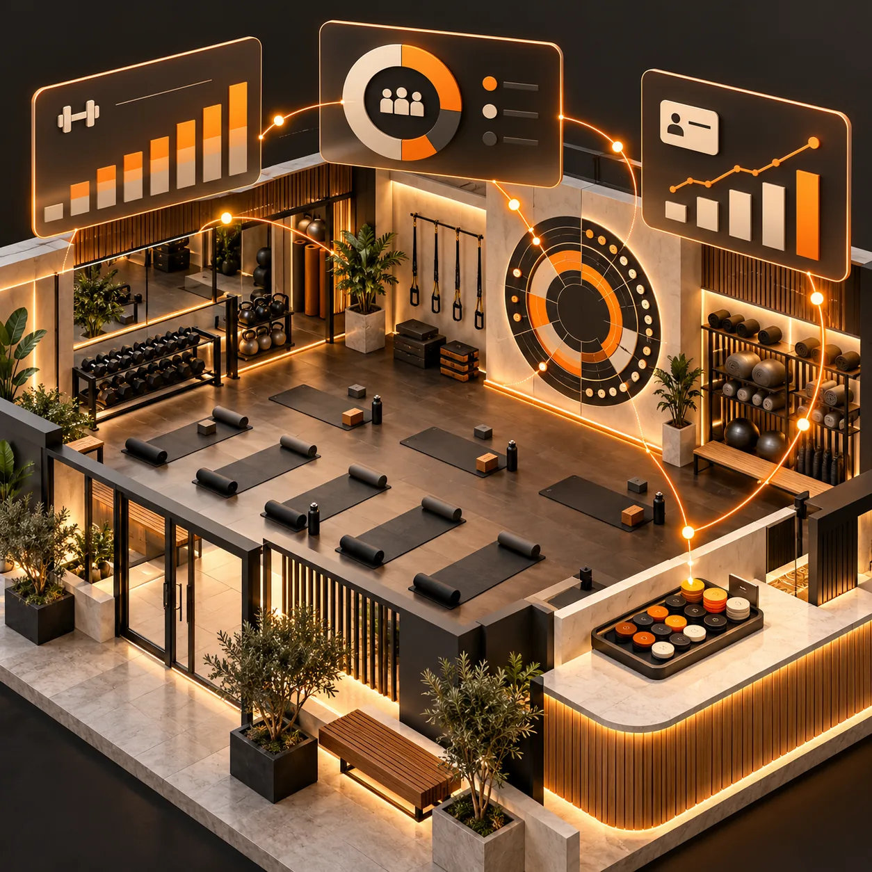 Architectural fitness studio with mats, class capacity rings, attendance signals and amber reporting paths
