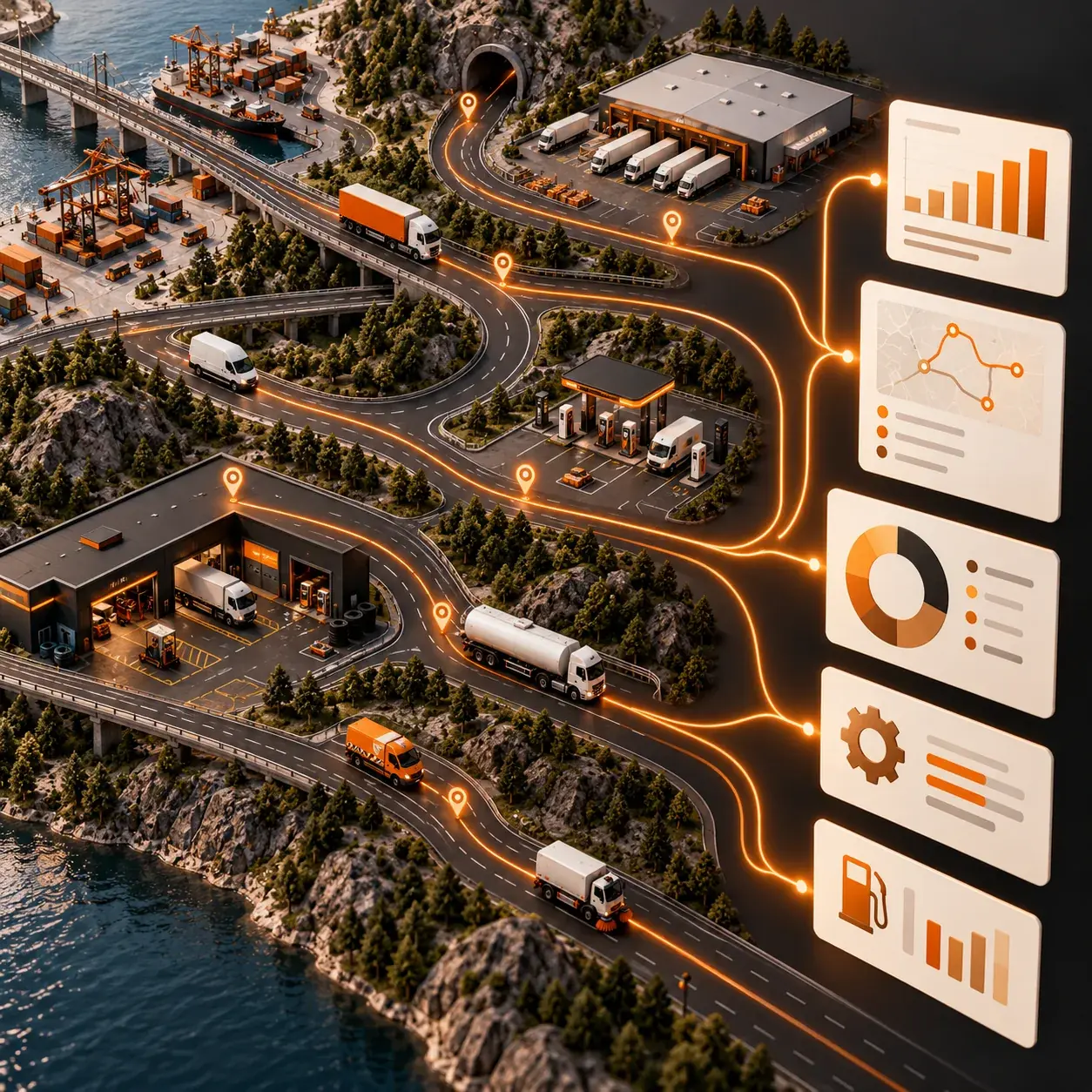 Aerial fleet route diorama with trucks, depots, service bays, route markers and amber reporting paths