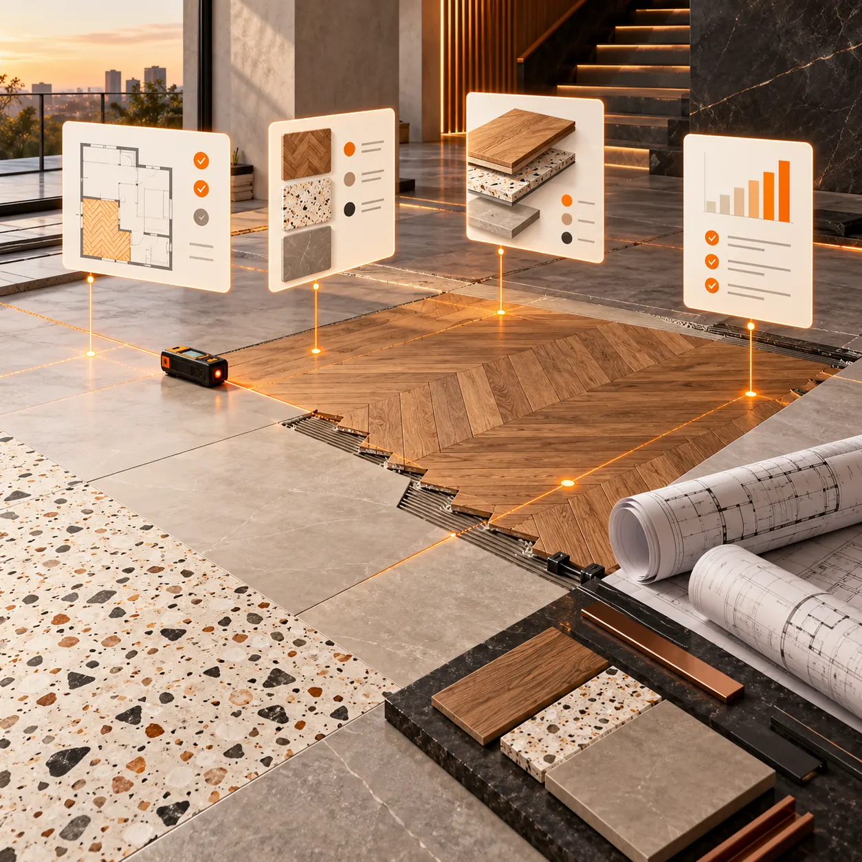 Architectural flooring installation scene with tile and wood samples, plans, a laser measure and amber project paths