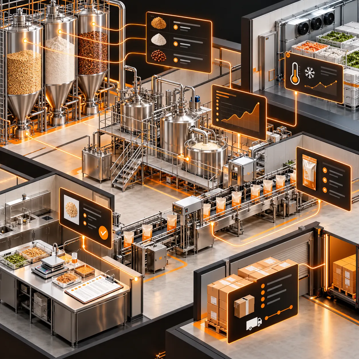 Isometric food manufacturing facility with ingredient silos, processing vessels, packaging lines and amber traceability paths