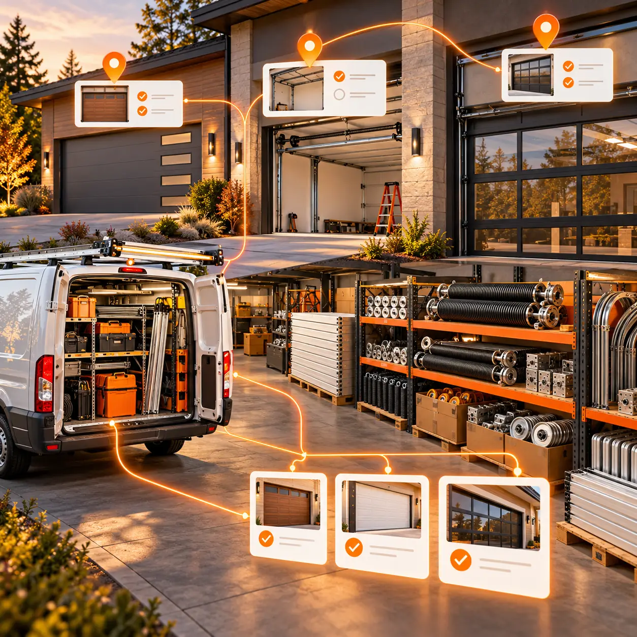 Garage door service operation with residential doors, service van, parts racks and amber job paths
