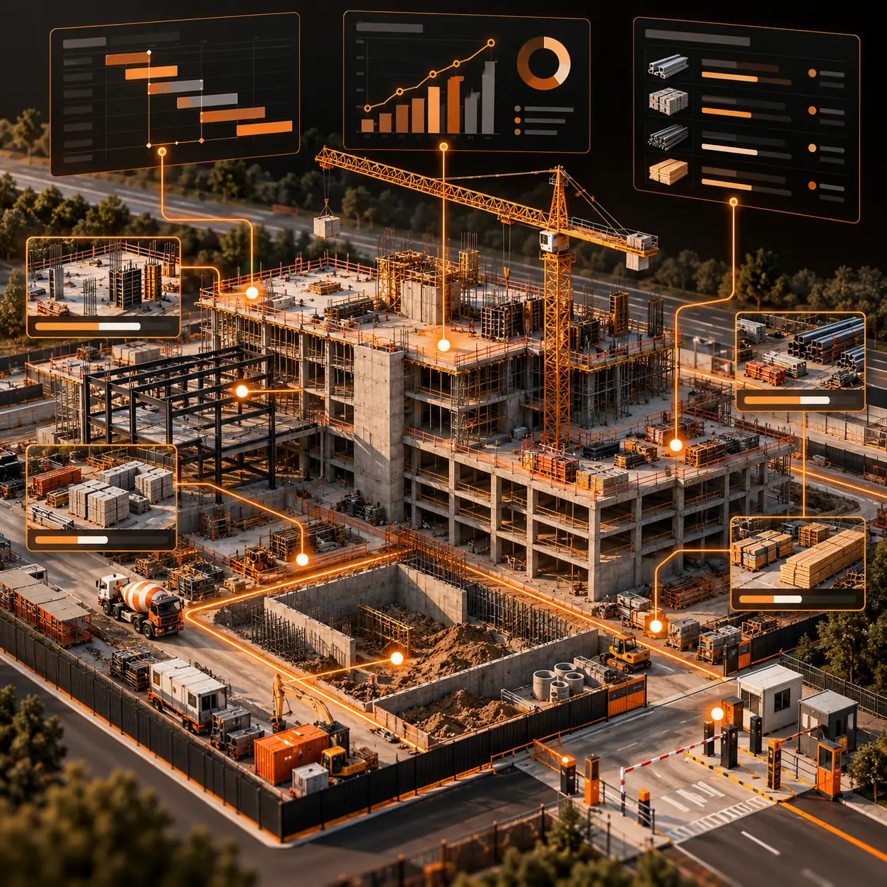 Construction site progress map with tower crane, concrete structure, trade areas and amber schedule and procurement paths