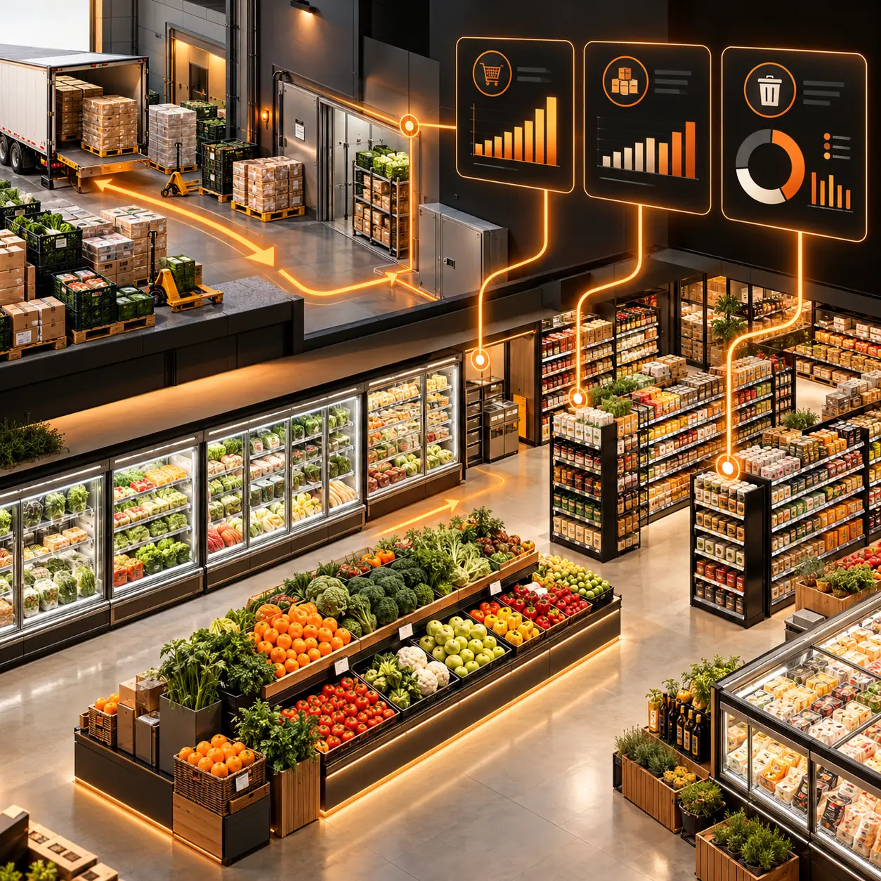Grocery store receiving and retail cutaway with fresh produce, refrigerated cases, shelves and amber replenishment paths