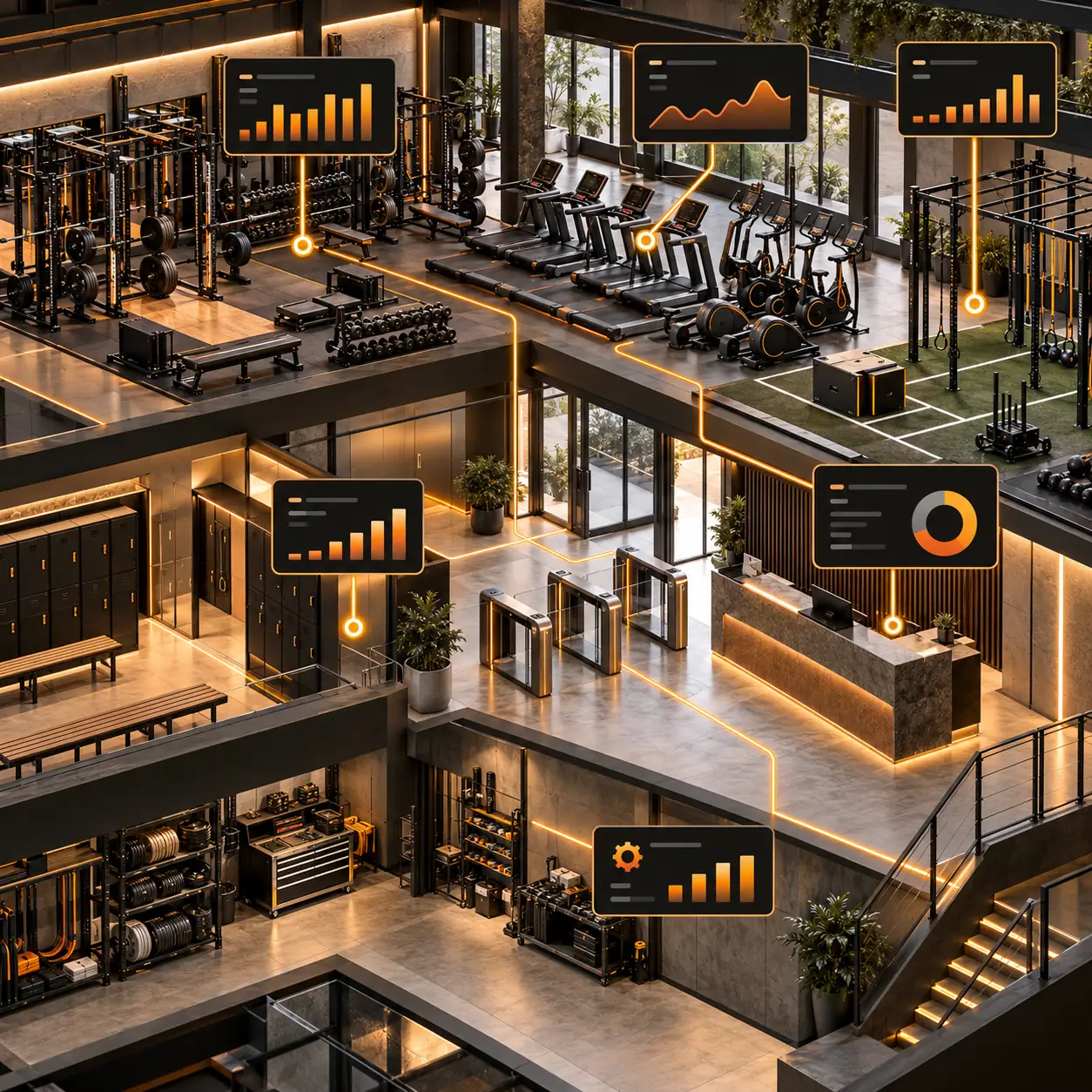 Multi-zone gym cutaway with strength racks, cardio equipment, entry gates, lockers and amber operations paths
