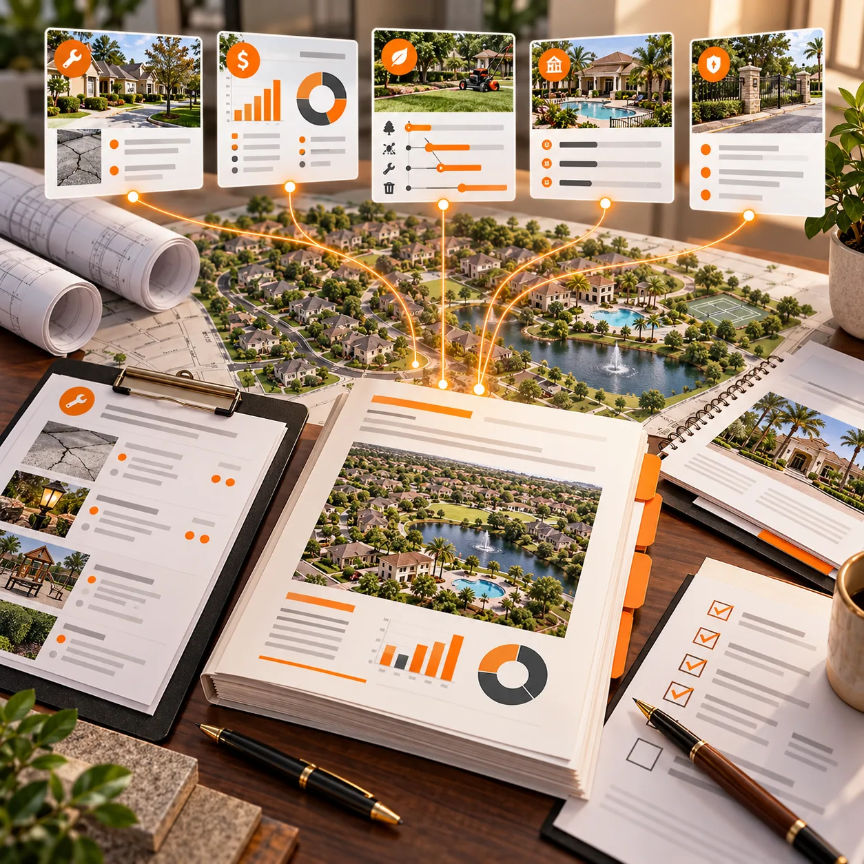 HOA reporting workspace with community map, maintenance requests, budget charts, vendor timelines and board review packet
