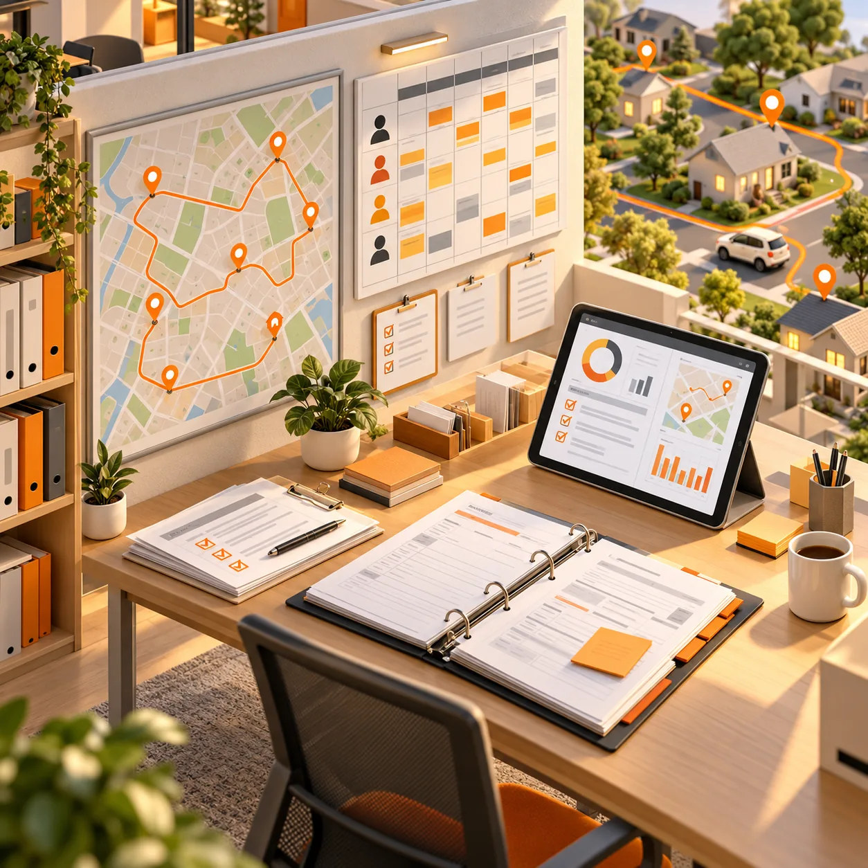 Home health agency reporting workspace with visit routes, caregiver schedules, compliance checklists and operational dashboards