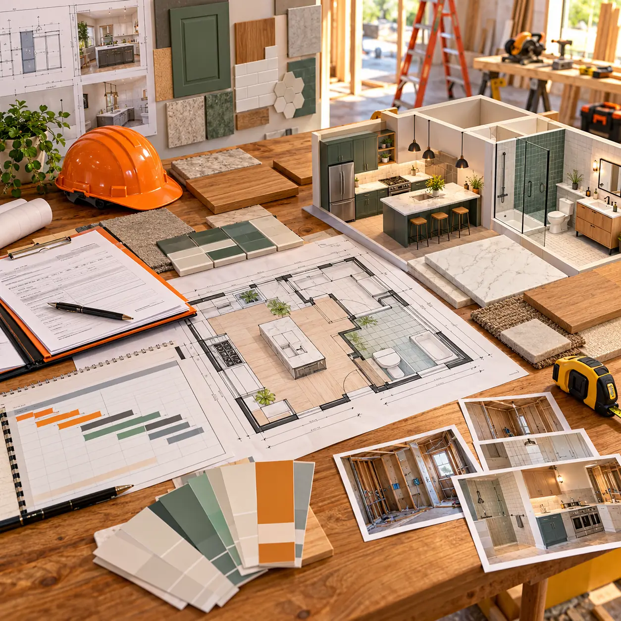Home remodeling reporting workspace with floor plans, material samples, project schedule, change orders and renovation progress photos